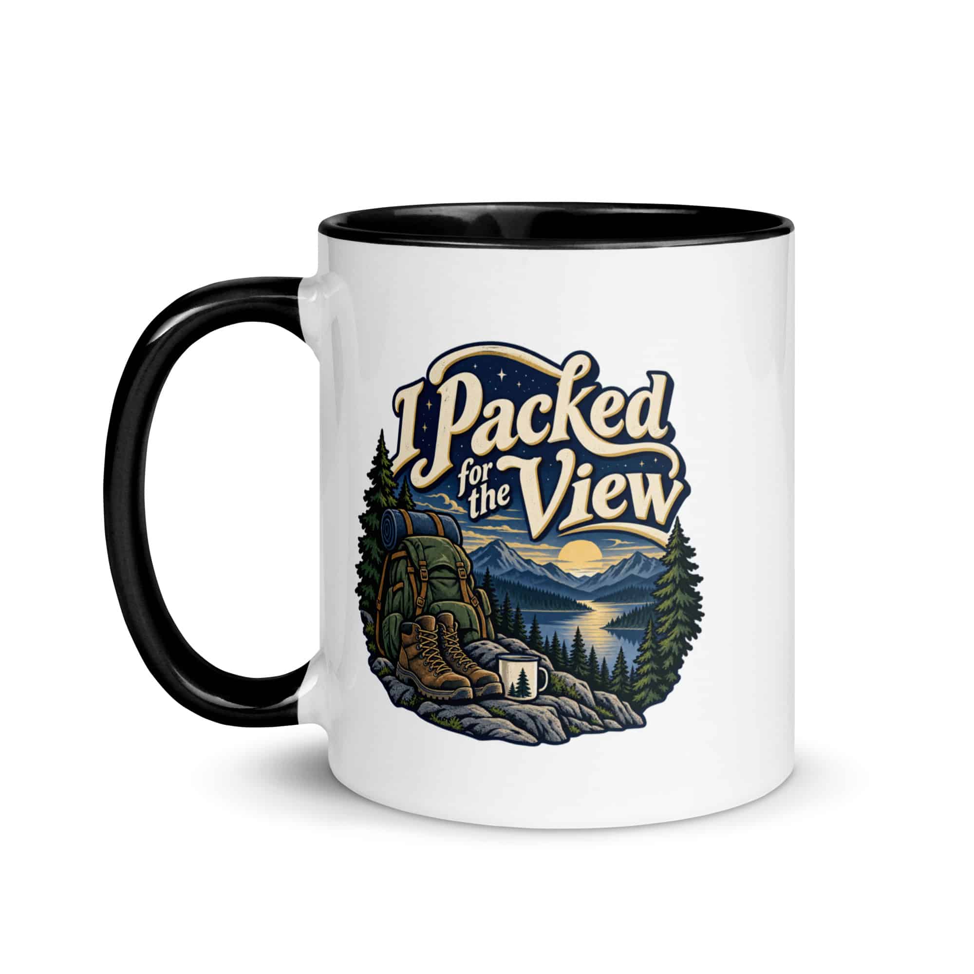 Nature and Adventure Color Inside Coffee Mug: I Packed for the View, Woodland Scenic Lettering