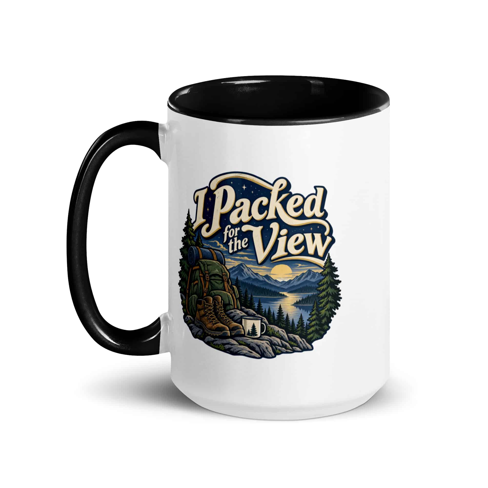 Nature and Adventure Color Inside Coffee Mug: I Packed for the View, Woodland Scenic Lettering