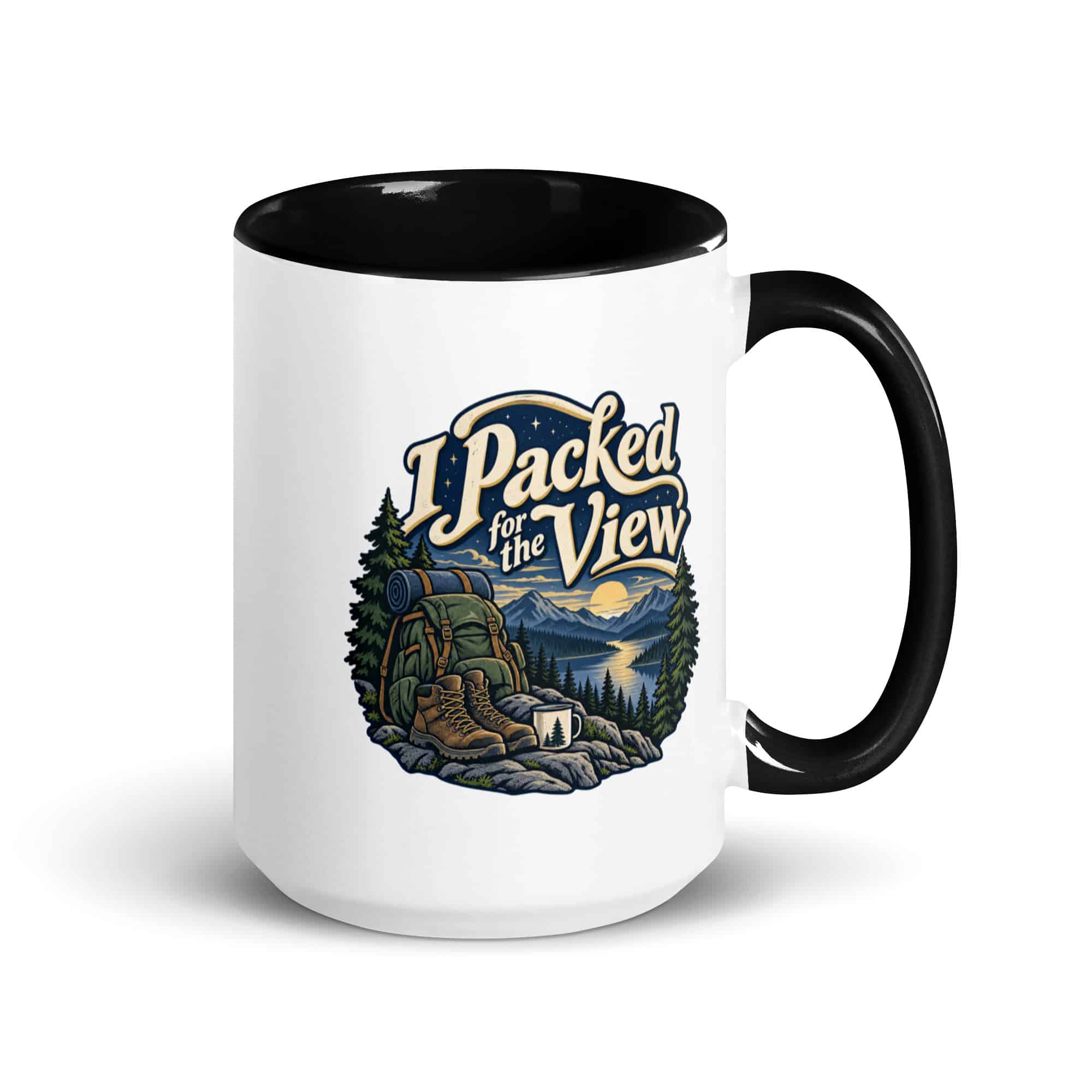 Nature and Adventure Color Inside Coffee Mug: I Packed for the View, Woodland Scenic Lettering