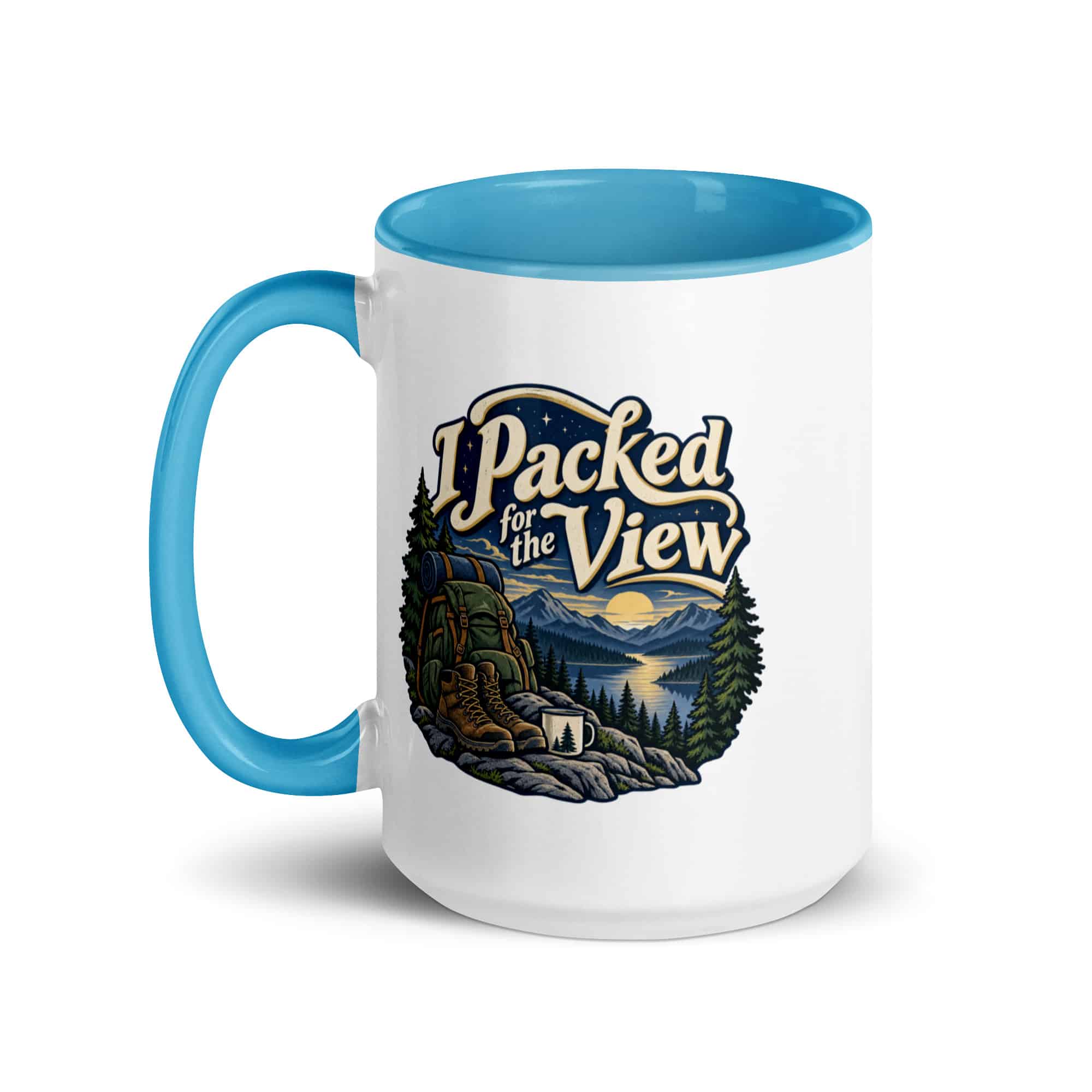 Nature and Adventure Color Inside Coffee Mug: I Packed for the View, Woodland Scenic Lettering