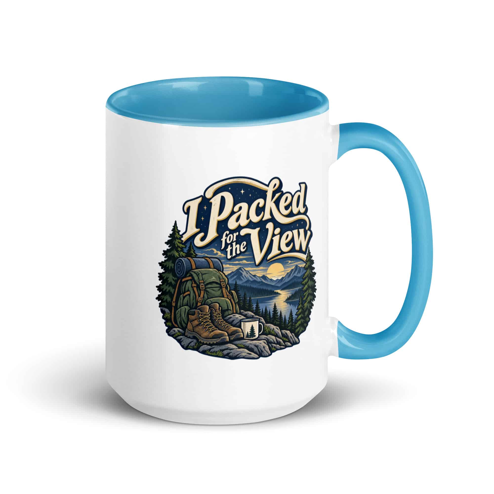 Nature and Adventure Color Inside Coffee Mug: I Packed for the View, Woodland Scenic Lettering