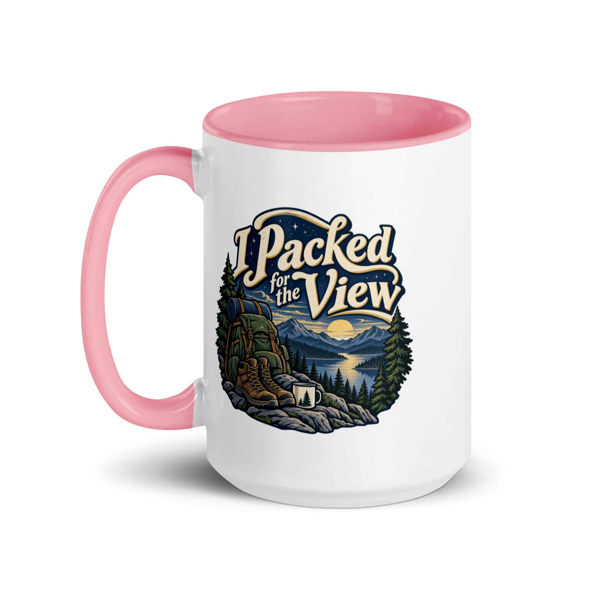 Nature and Adventure Color Inside Coffee Mug: I Packed for the View, Woodland Scenic Lettering