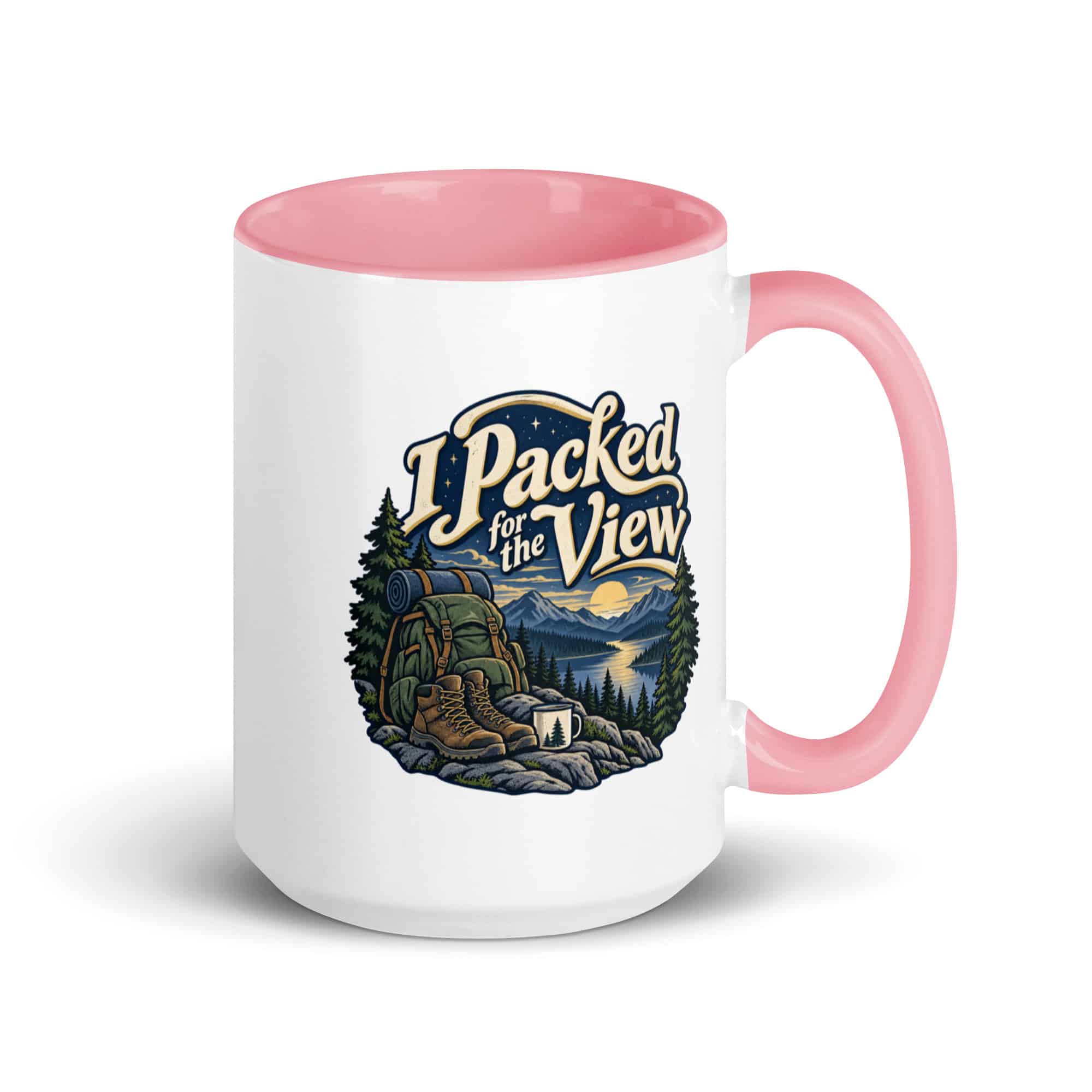 Nature and Adventure Color Inside Coffee Mug: I Packed for the View, Woodland Scenic Lettering