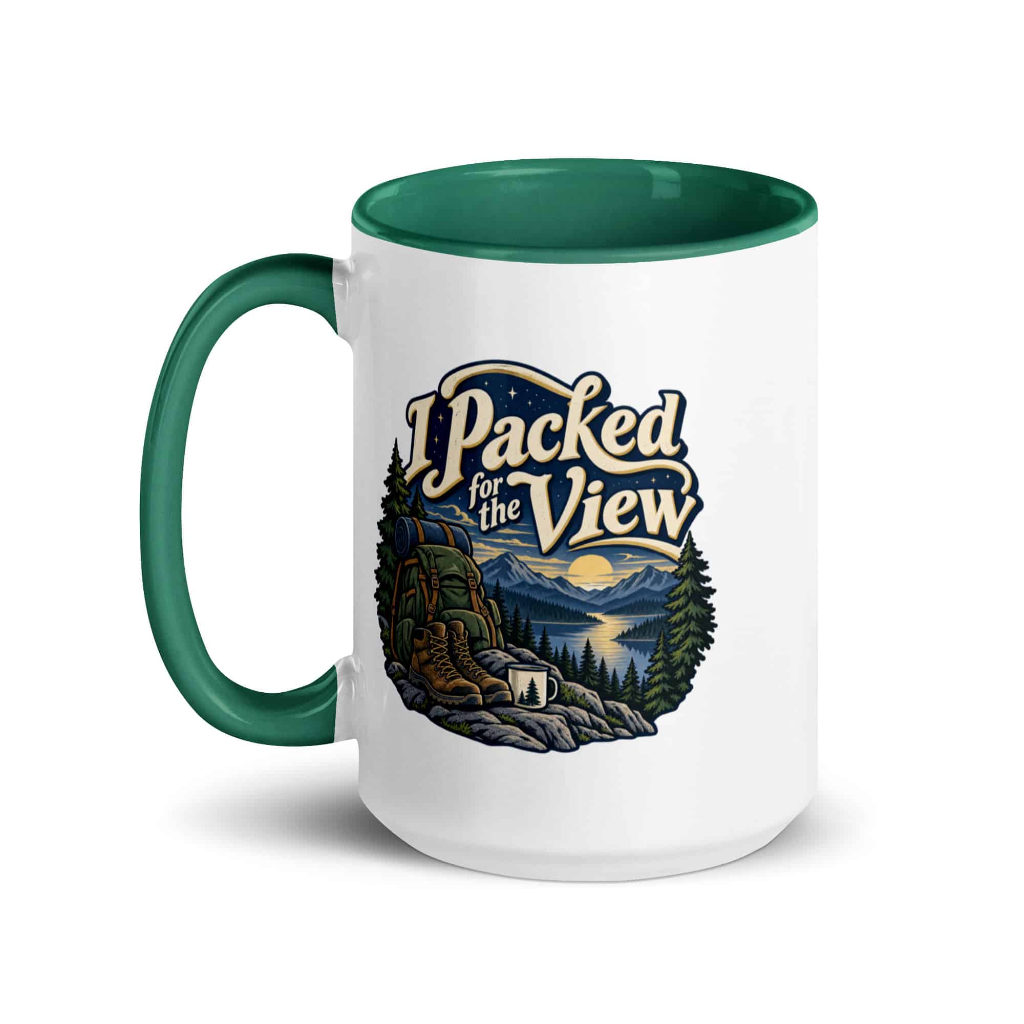 Nature and Adventure Color Inside Coffee Mug: I Packed for the View, Woodland Scenic Lettering