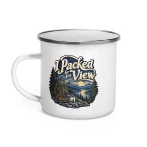 Nature and Adventure Enamel Camp Mug: I Packed for the View, Woodland Scenic Lettering - 12 oz - Left