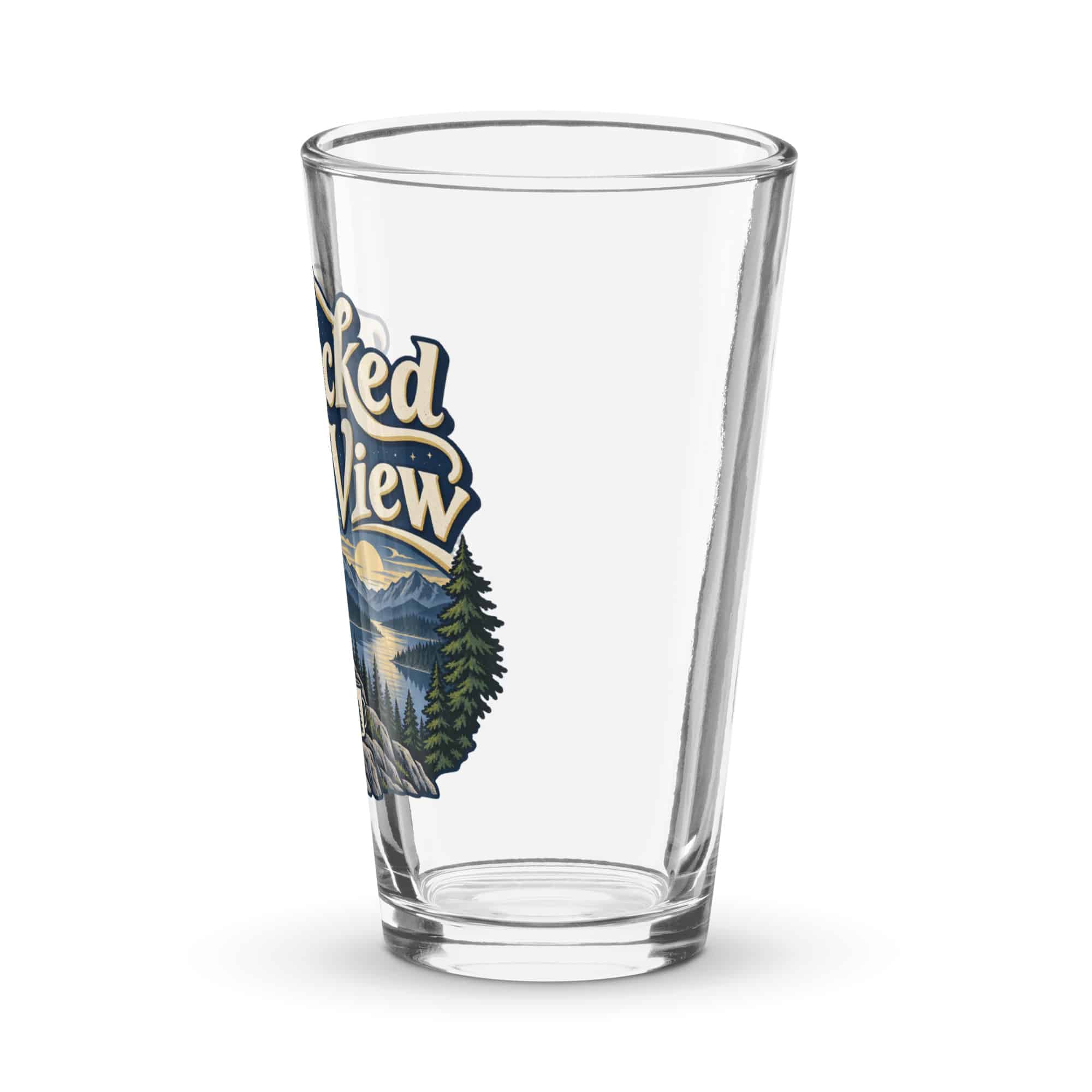 Nature and Adventure Pint Glass: I Packed for the View, Woodland Scenic Lettering