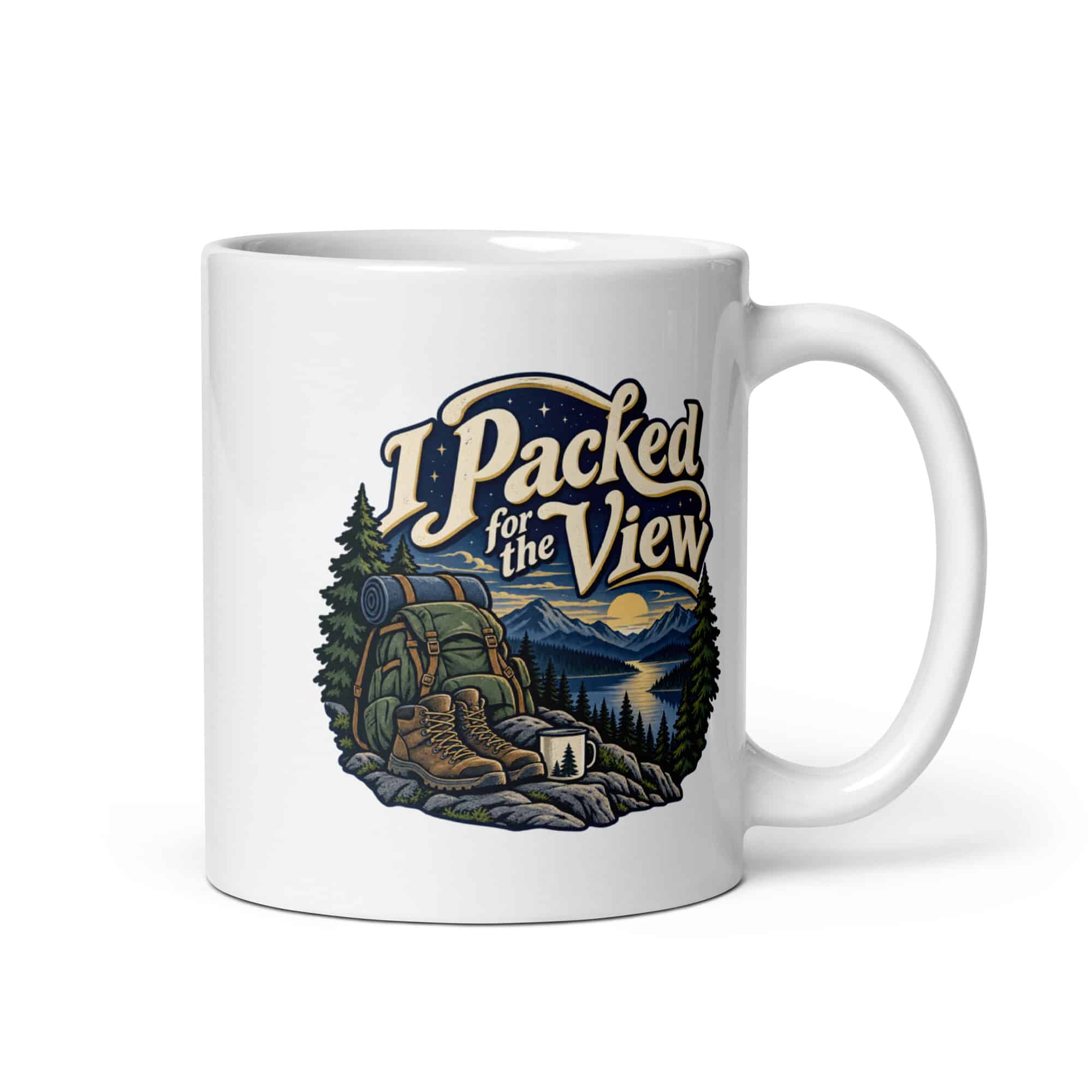 Nature and Adventure White Ceramic Coffee Mug: I Packed for the View, Woodland Scenic Lettering