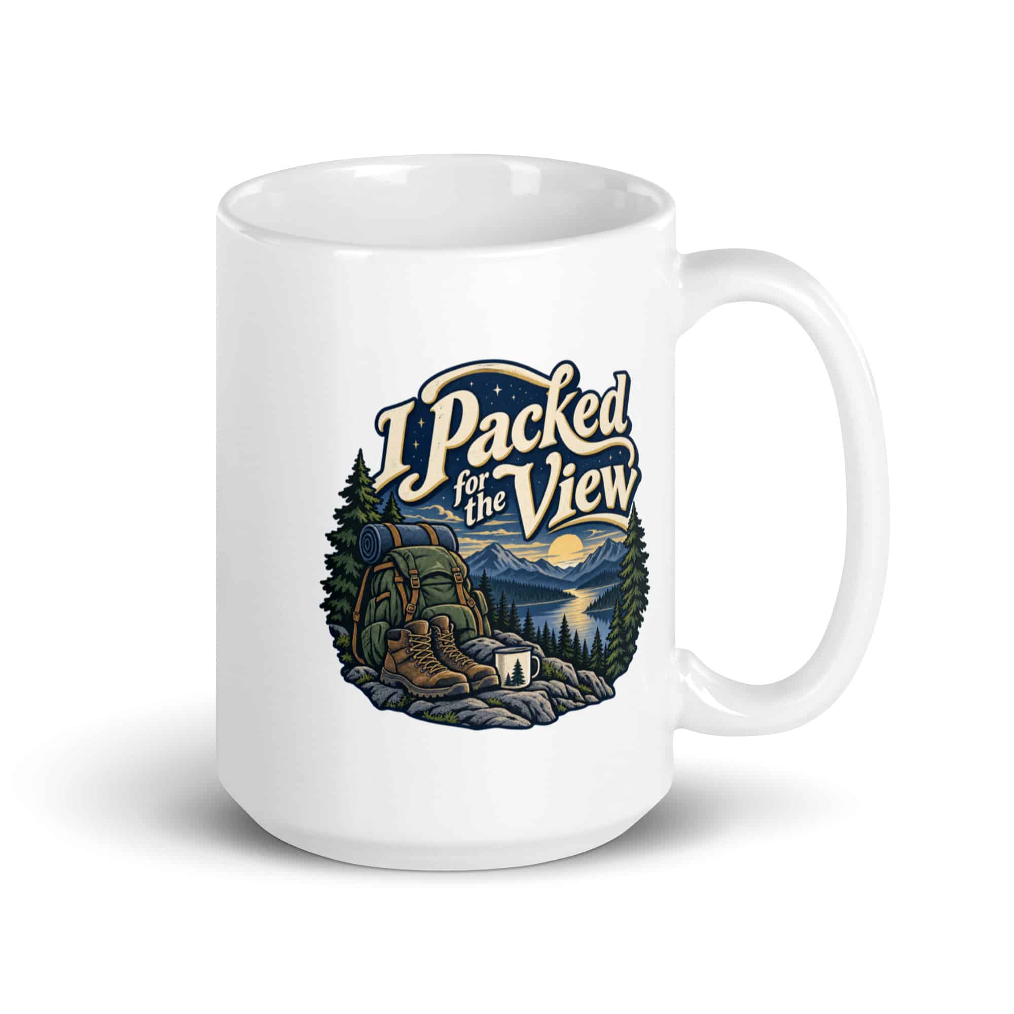 Nature and Adventure White Ceramic Coffee Mug: I Packed for the View, Woodland Scenic Lettering