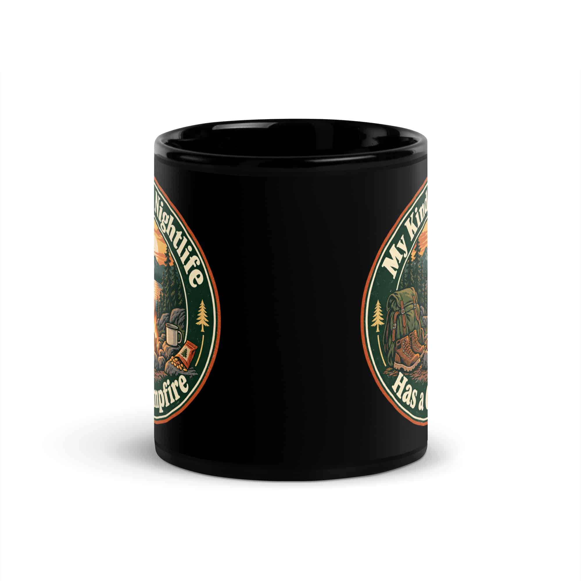 Nature and Adventure Black Coffee Mug: My Kind of Nightlife Has a Campfire, Vintage Round Badge