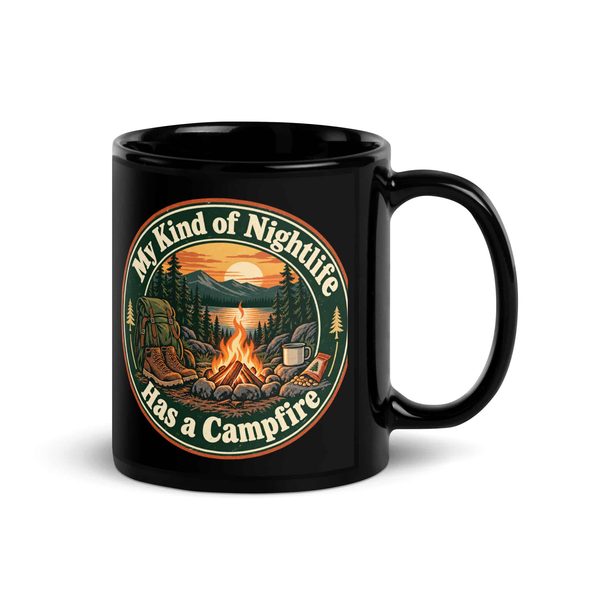 Nature and Adventure Black Coffee Mug: My Kind of Nightlife Has a Campfire, Vintage Round Badge