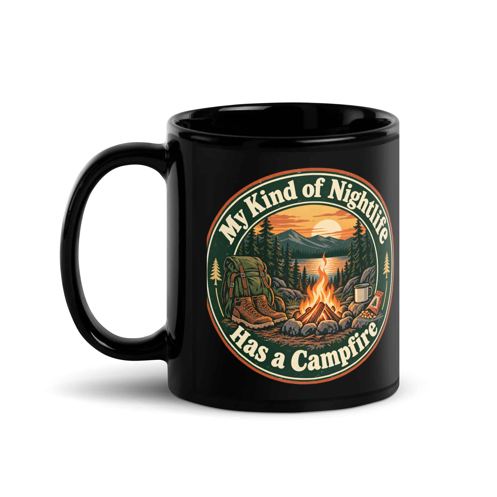 Nature and Adventure Black Coffee Mug: My Kind of Nightlife Has a Campfire, Vintage Round Badge