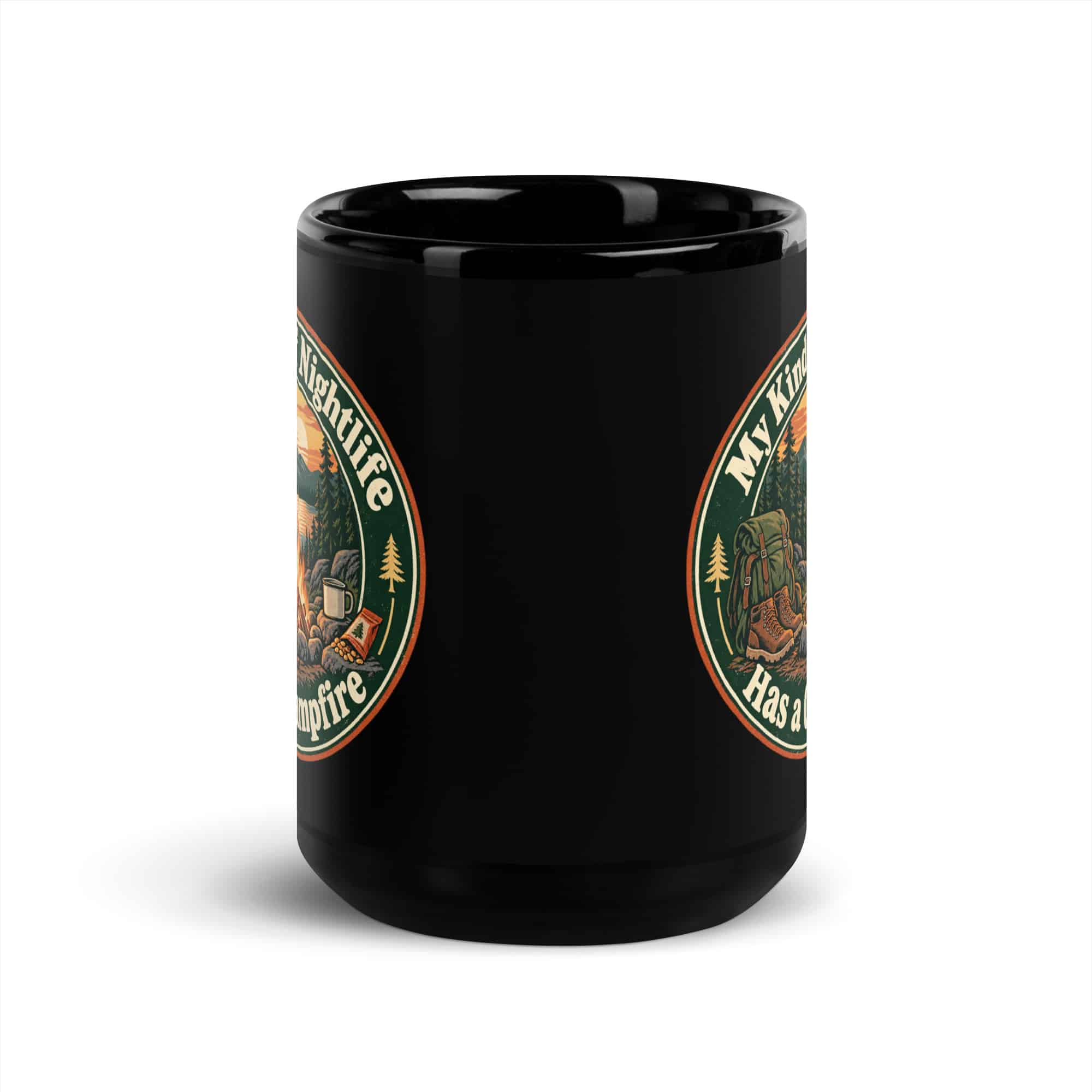 Nature and Adventure Black Coffee Mug: My Kind of Nightlife Has a Campfire, Vintage Round Badge
