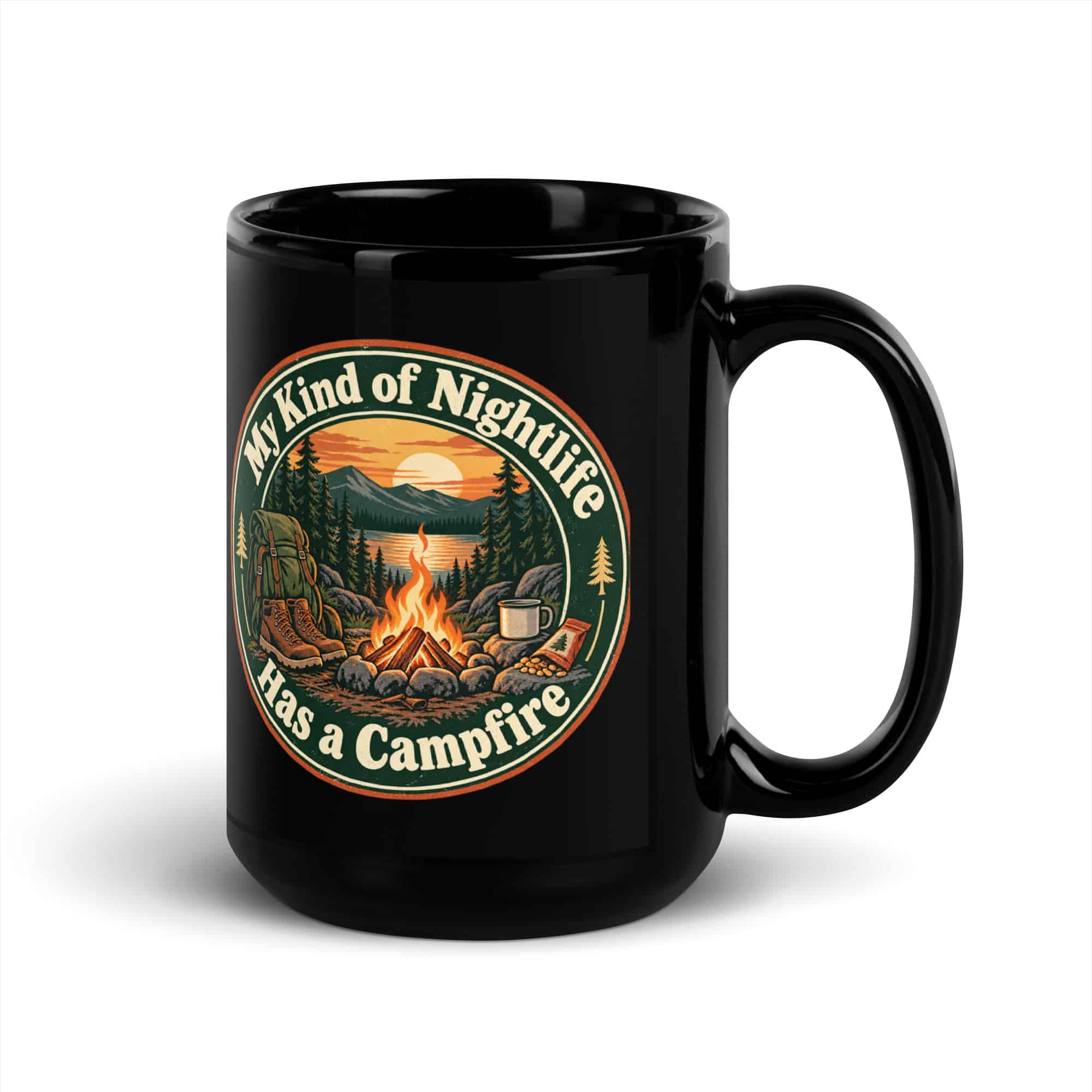 Nature and Adventure Black Coffee Mug: My Kind of Nightlife Has a Campfire, Vintage Round Badge