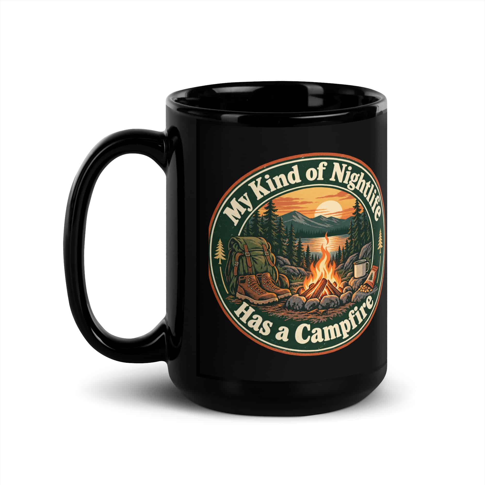 Nature and Adventure Black Coffee Mug: My Kind of Nightlife Has a Campfire, Vintage Round Badge