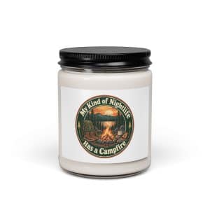 Nature and Adventure Soy Wax Candle: My Kind of Nightlife Has a Campfire, Vintage Round Badge - 9oz - Main