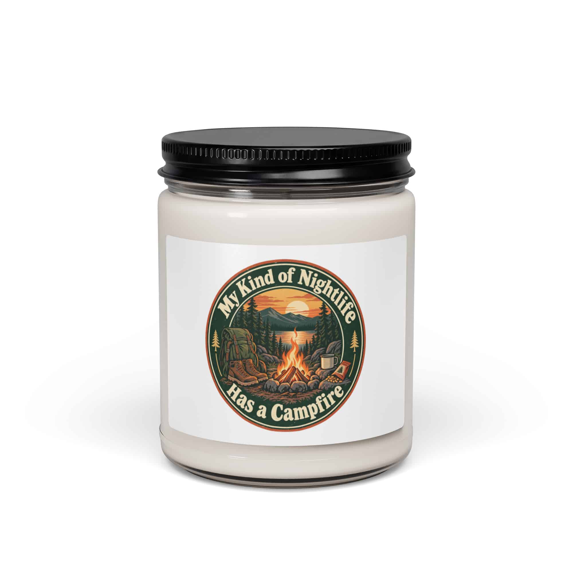 Nature and Adventure Soy Wax Candle: My Kind of Nightlife Has a Campfire, Vintage Round Badge