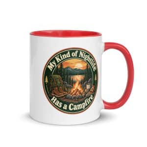 Nature and Adventure Color Inside Coffee Mug: My Kind of Nightlife Has a Campfire, Vintage Round Badge - 11 oz - Main