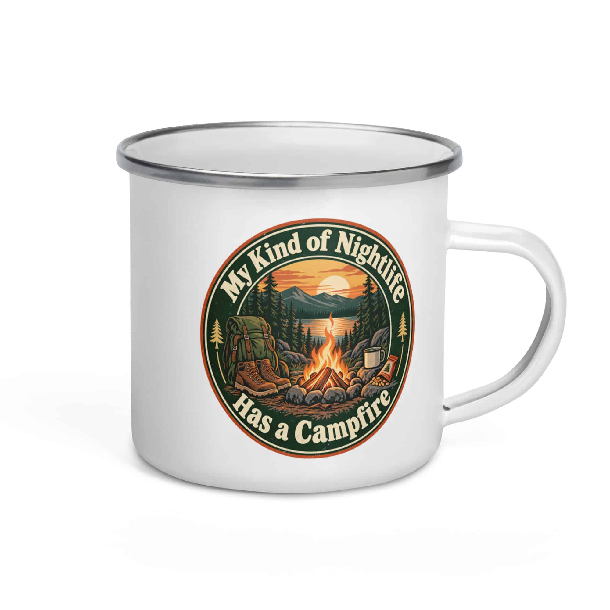 Nature and Adventure Enamel Camp Mug: My Kind of Nightlife Has a Campfire, Vintage Round Badge