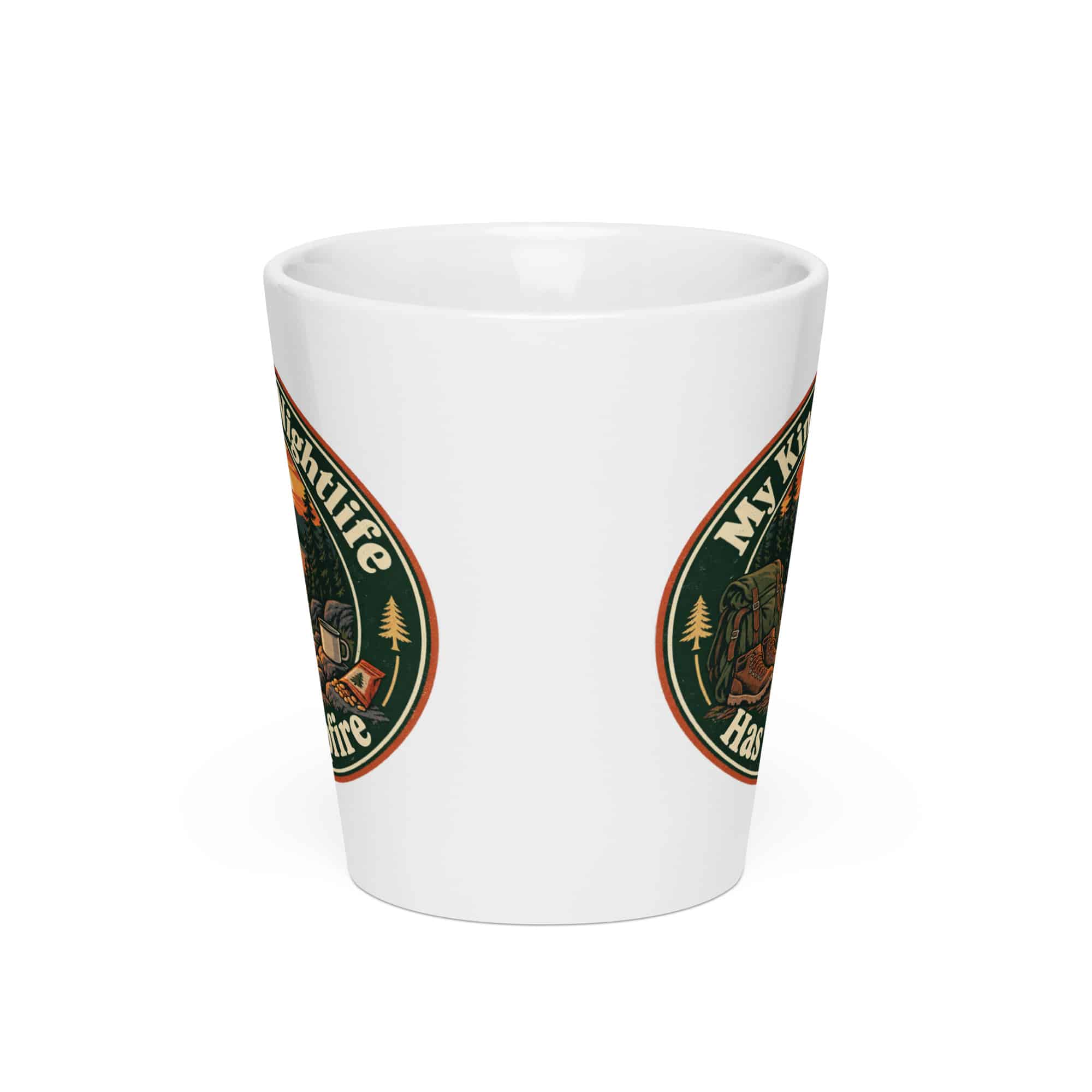 Nature and Adventure Latte Mug: My Kind of Nightlife Has a Campfire, Vintage Round Badge
