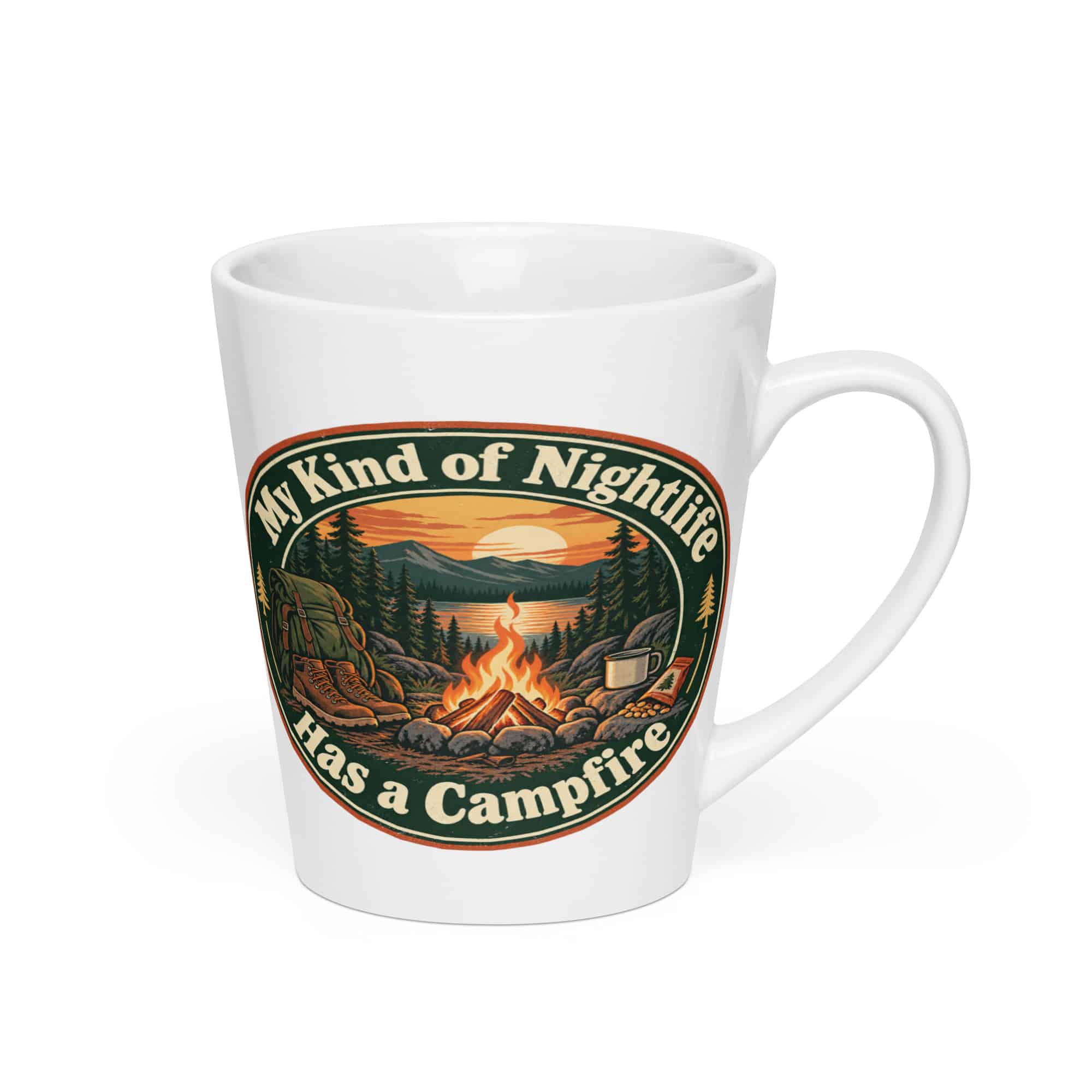 Nature and Adventure Latte Mug: My Kind of Nightlife Has a Campfire, Vintage Round Badge