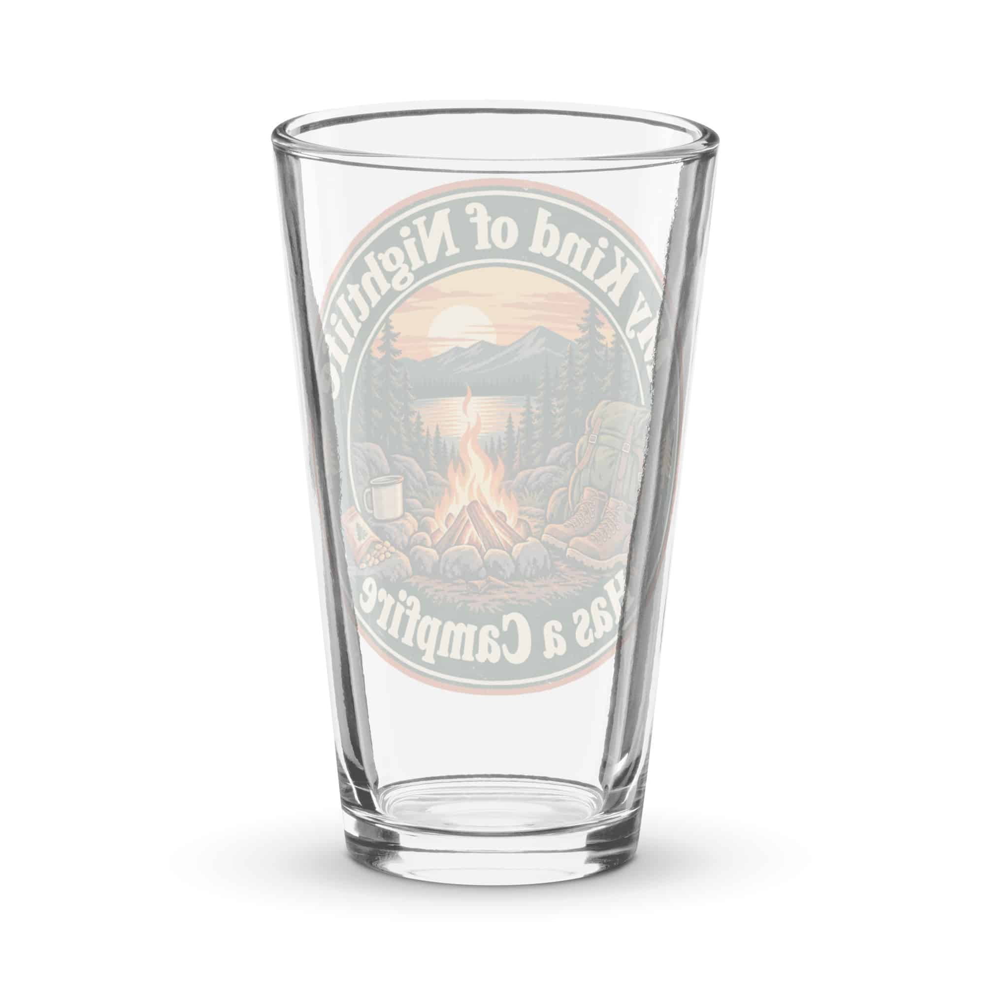 Nature and Adventure Pint Glass: My Kind of Nightlife Has a Campfire, Vintage Round Badge