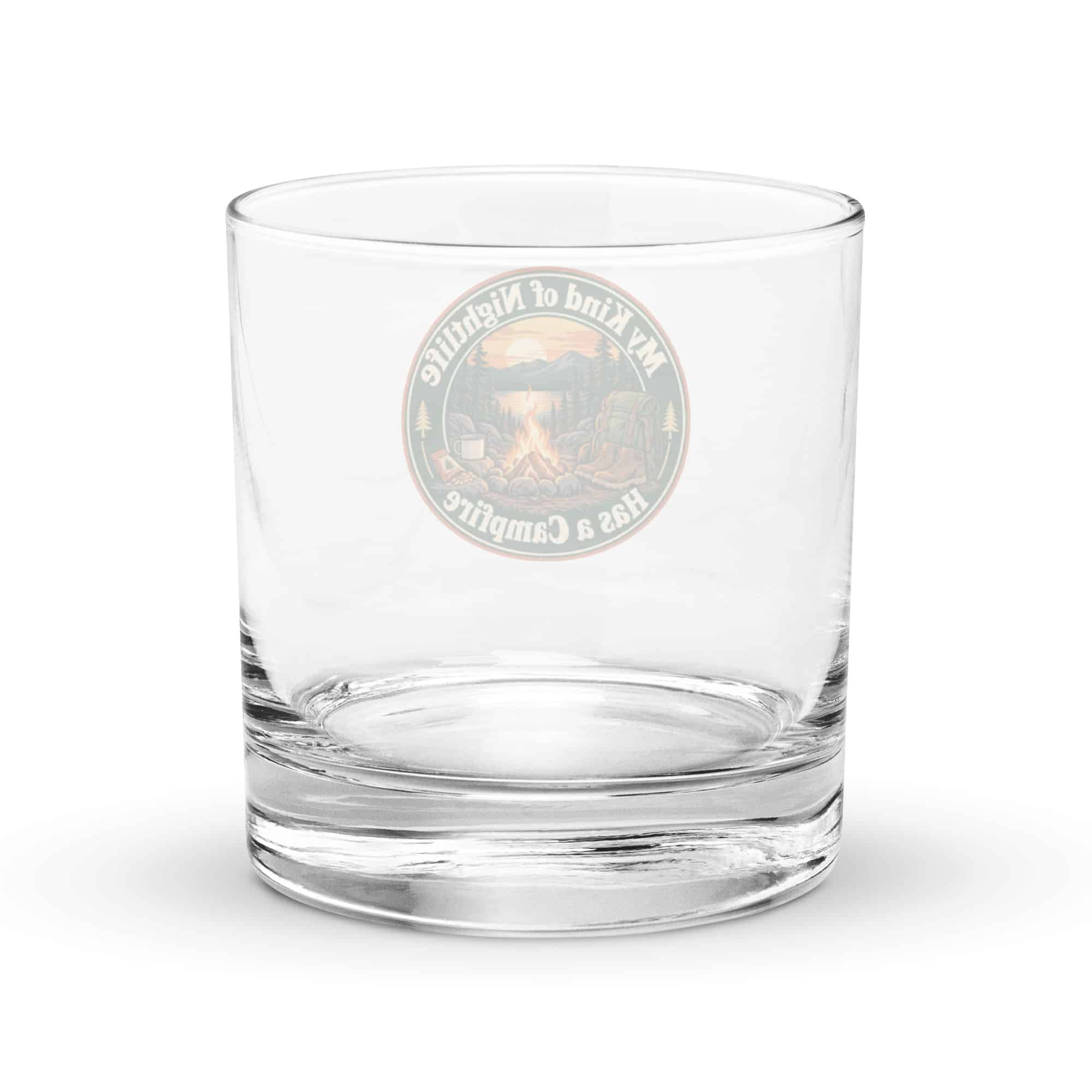 Nature and Adventure Rocks Glass: My Kind of Nightlife Has a Campfire, Vintage Round Badge