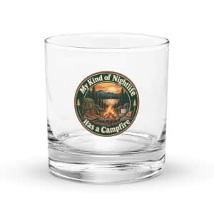 Nature and Adventure Rocks Glass: My Kind of Nightlife Has a Campfire, Vintage Round Badge - 10.5 oz - Main