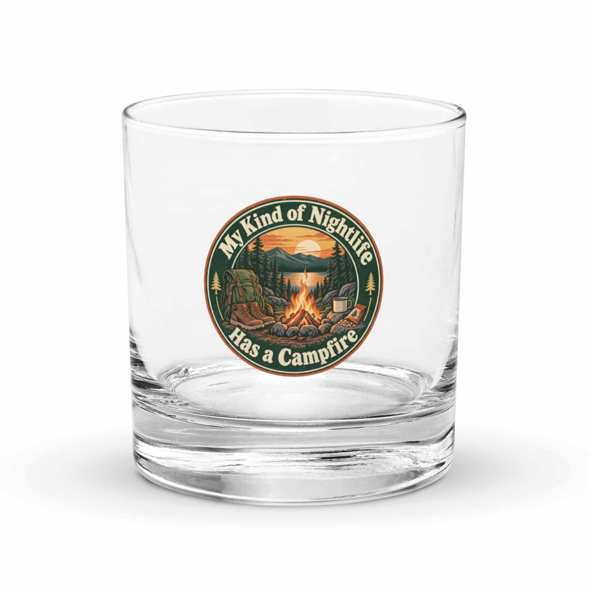Nature and Adventure Rocks Glass: My Kind of Nightlife Has a Campfire, Vintage Round Badge