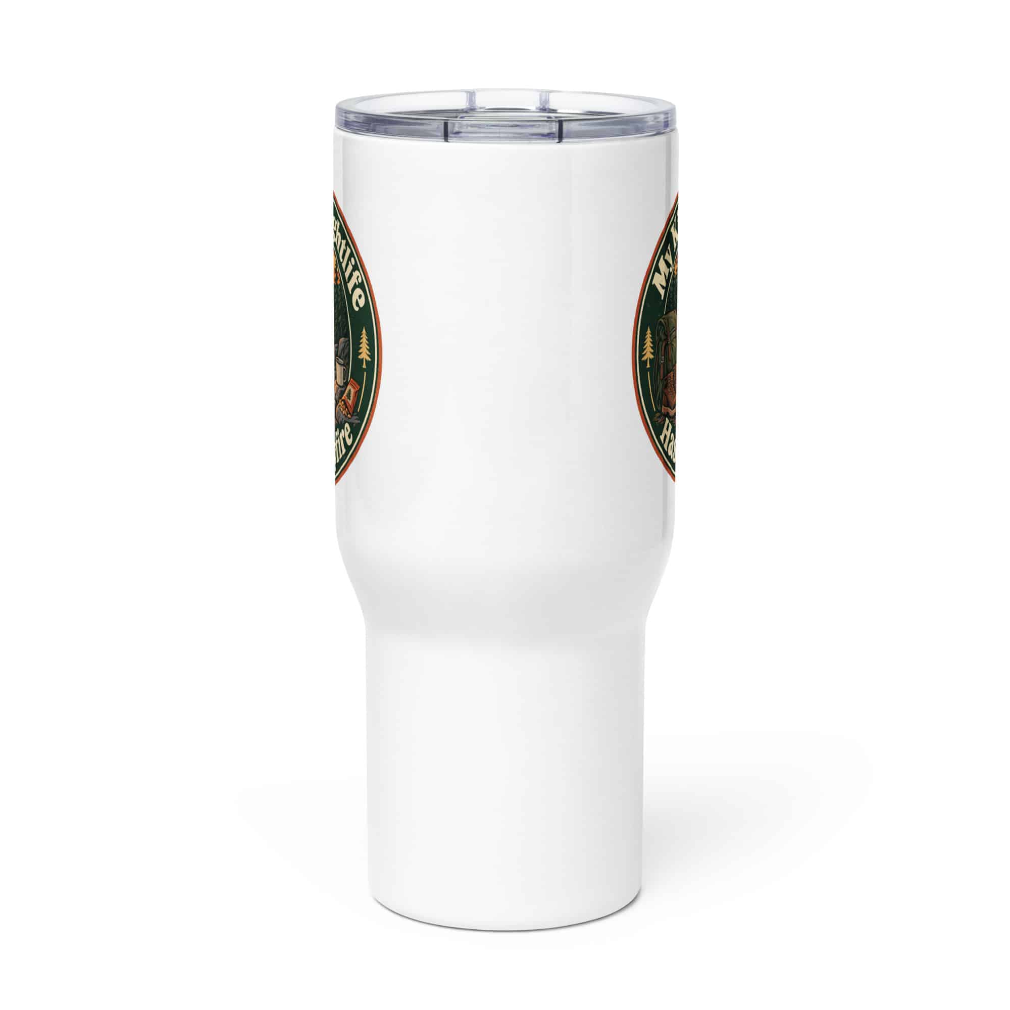 Nature and Adventure Travel Mug: My Kind of Nightlife Has a Campfire, Vintage Round Badge
