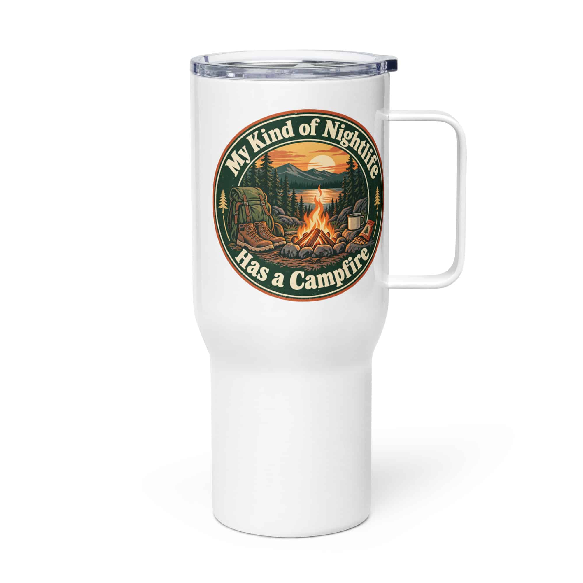 Nature and Adventure Travel Mug: My Kind of Nightlife Has a Campfire, Vintage Round Badge