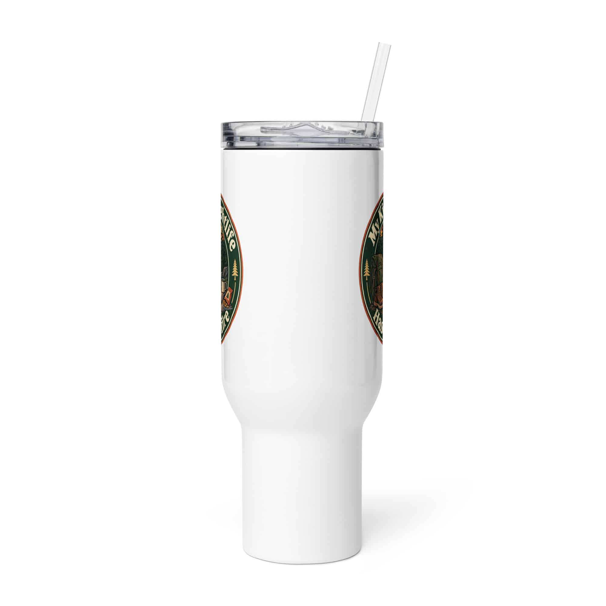 Nature and Adventure Travel Mug: My Kind of Nightlife Has a Campfire, Vintage Round Badge
