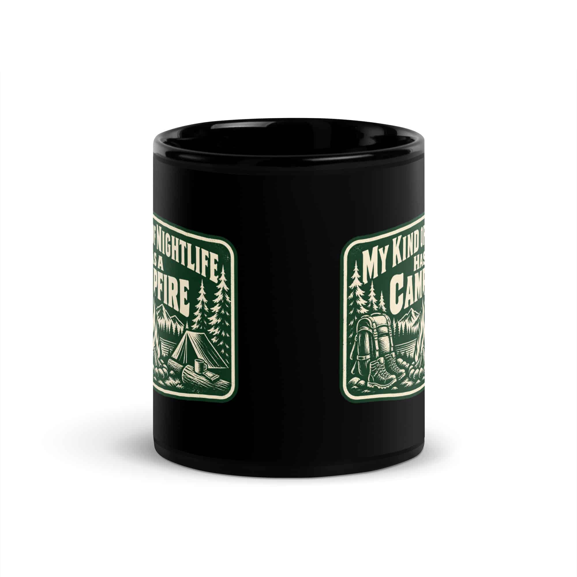 Nature and Adventure Black Coffee Mug: My Kind of Nightlife Has a Campfire, Forest Ink Stamp