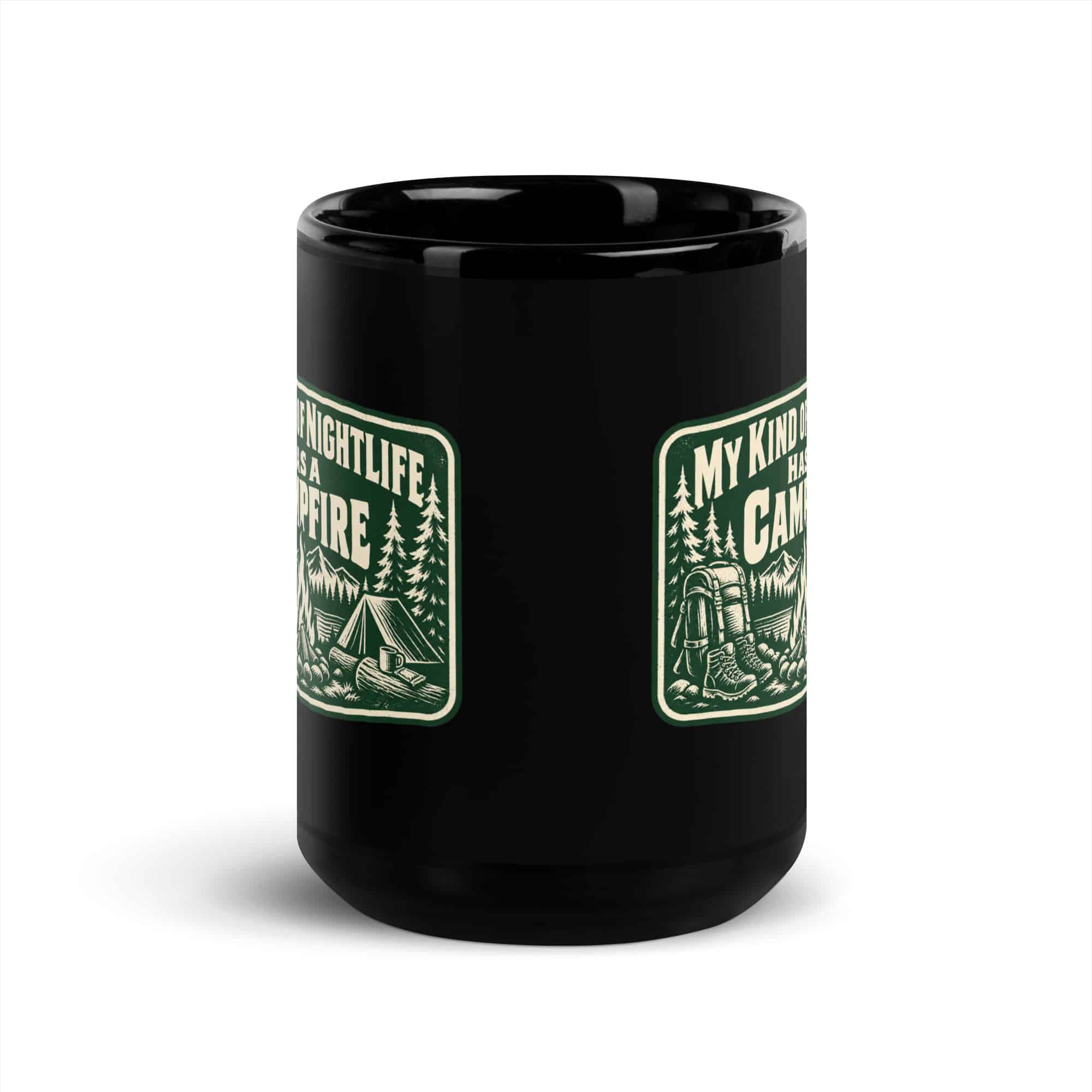 Nature and Adventure Black Coffee Mug: My Kind of Nightlife Has a Campfire, Forest Ink Stamp