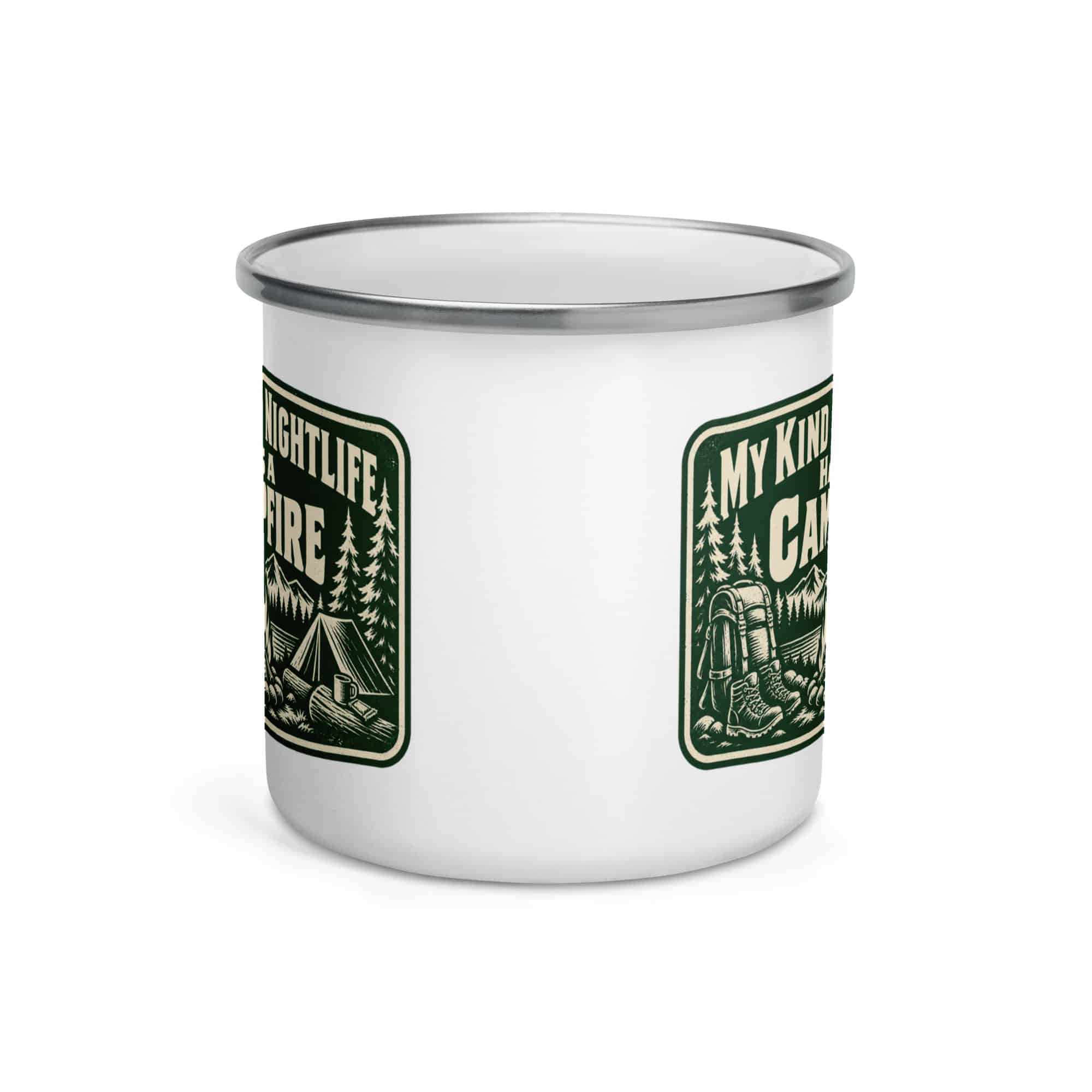 Nature and Adventure Enamel Camp Mug: My Kind of Nightlife Has a Campfire, Forest Ink Stamp