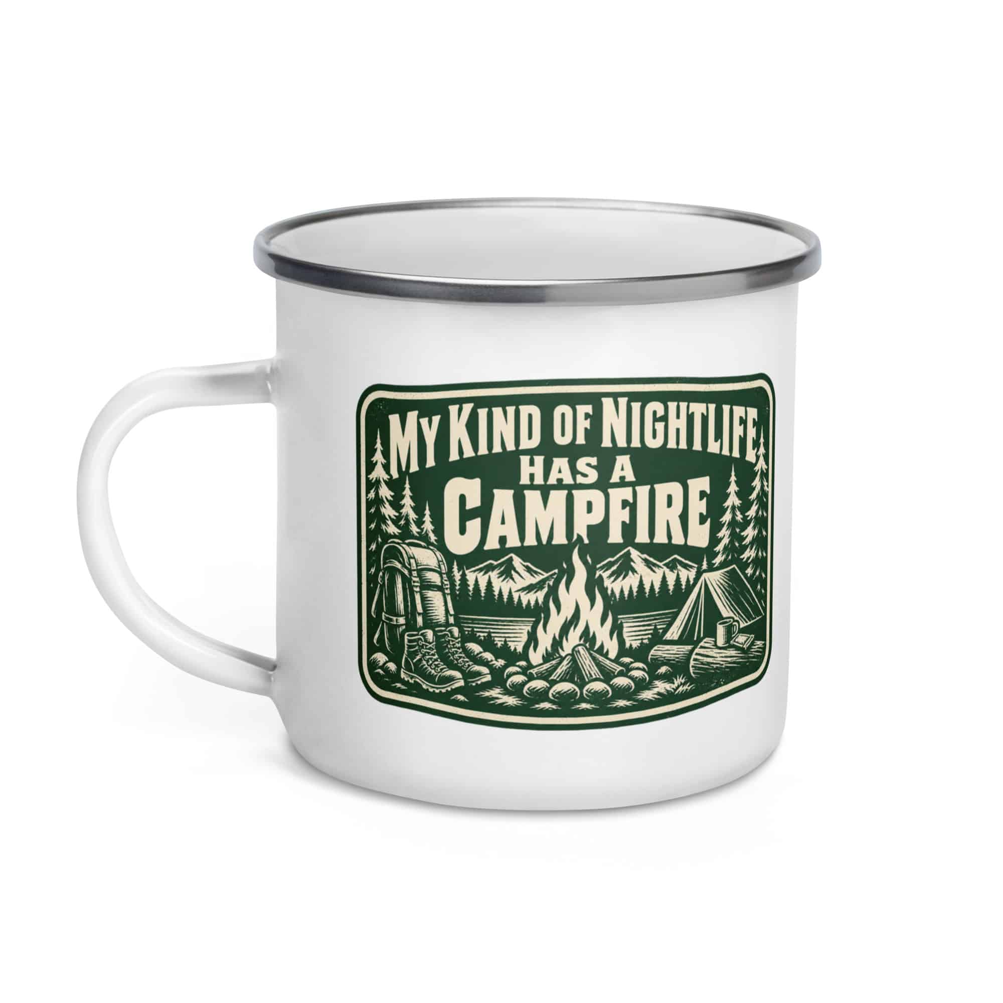 Nature and Adventure Enamel Camp Mug: My Kind of Nightlife Has a Campfire, Forest Ink Stamp