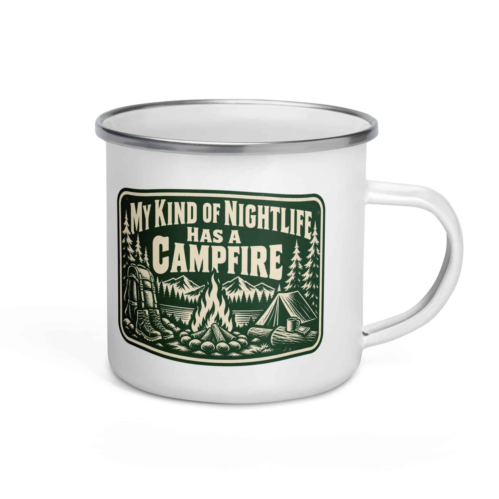 Nature and Adventure Enamel Camp Mug: My Kind of Nightlife Has a Campfire, Forest Ink Stamp