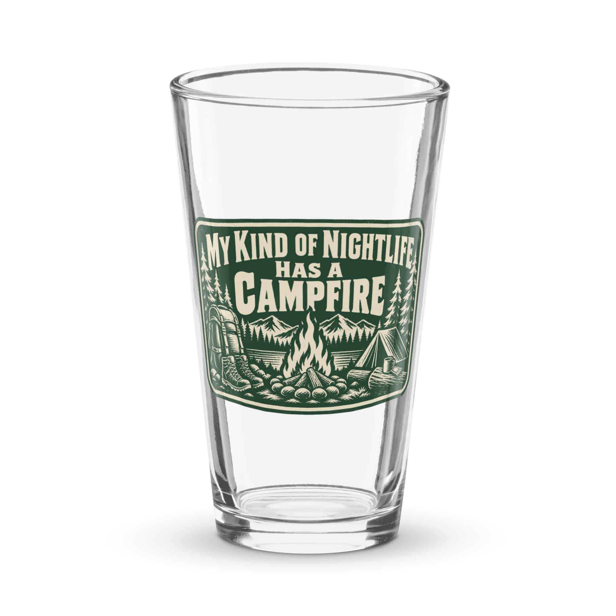 Nature and Adventure Pint Glass: My Kind of Nightlife Has a Campfire, Forest Ink Stamp