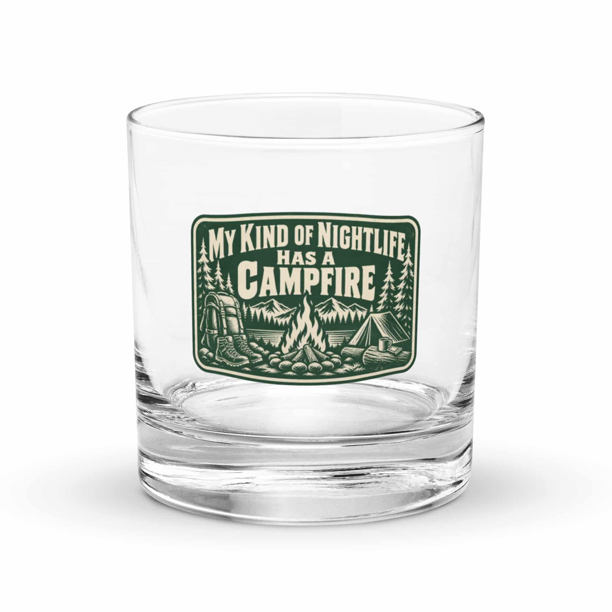 Nature and Adventure Rocks Glass: My Kind of Nightlife Has a Campfire, Forest Ink Stamp