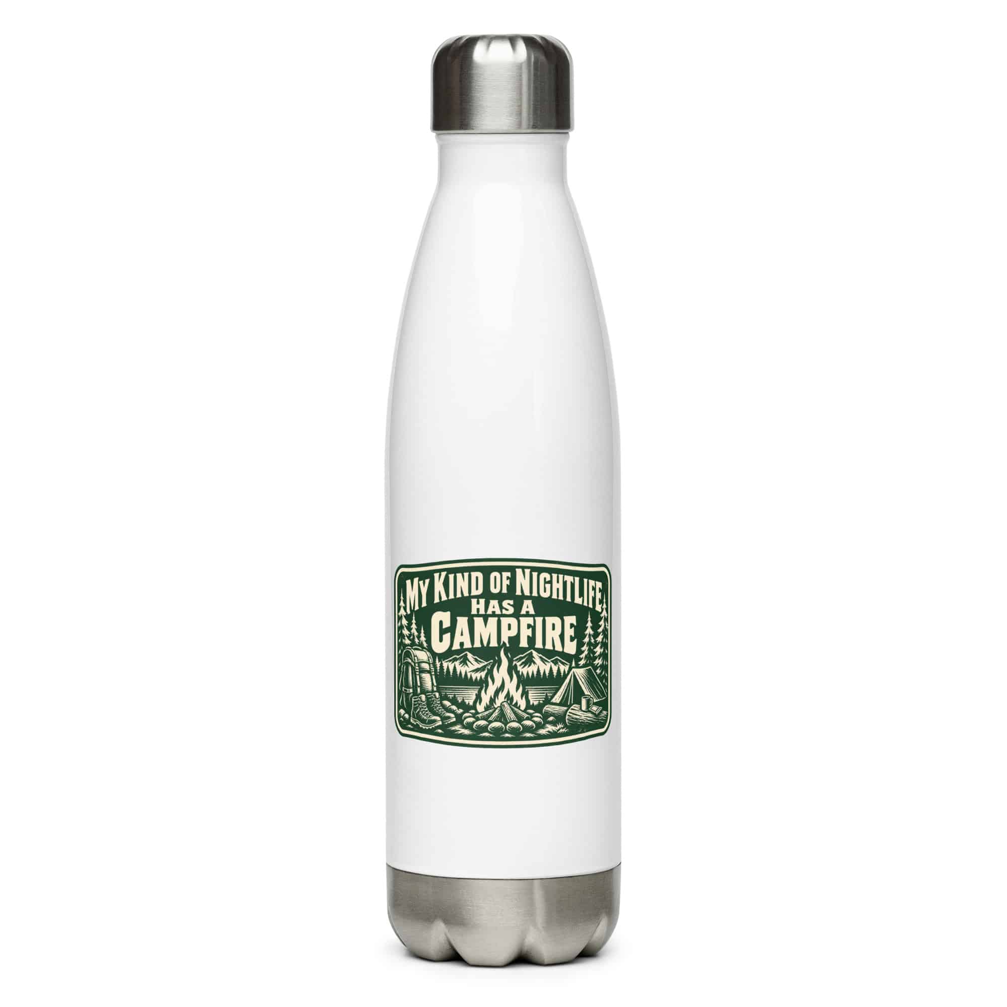 Nature and Adventure Stainless Steel Water Bottle: My Kind of Nightlife Has a Campfire, Forest Ink Stamp