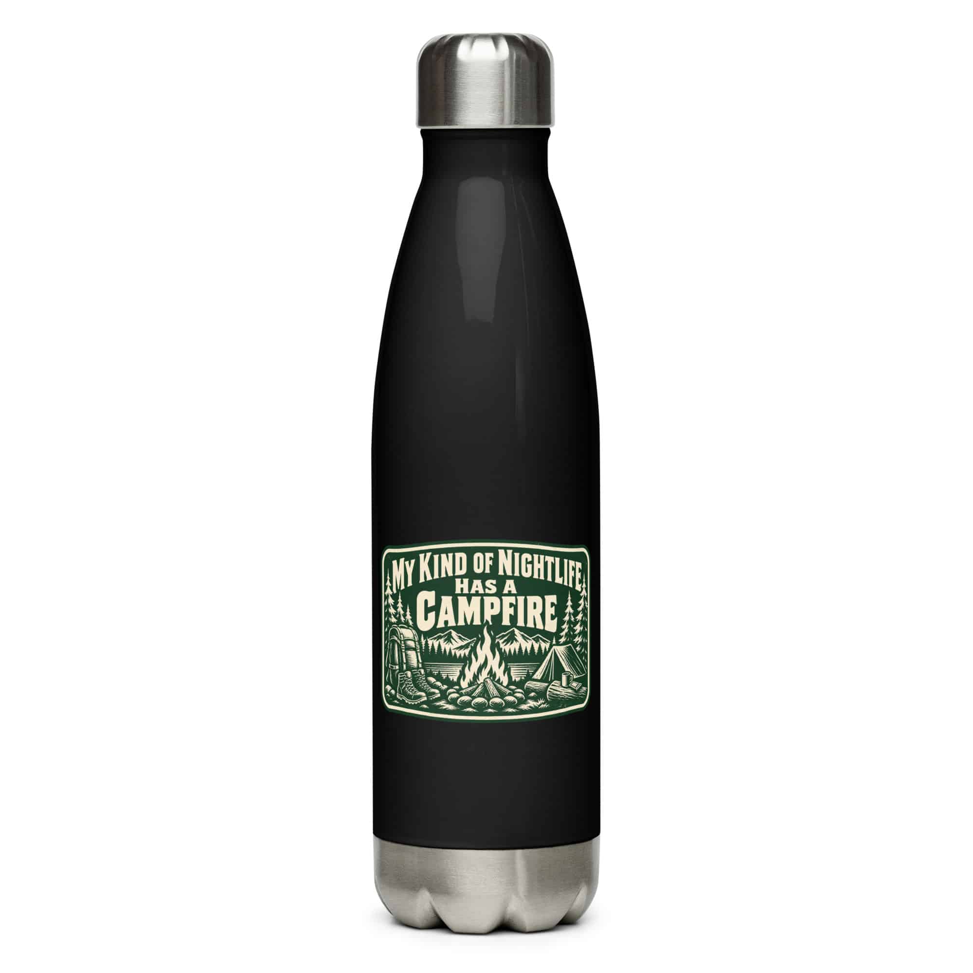 Nature and Adventure Stainless Steel Water Bottle: My Kind of Nightlife Has a Campfire, Forest Ink Stamp