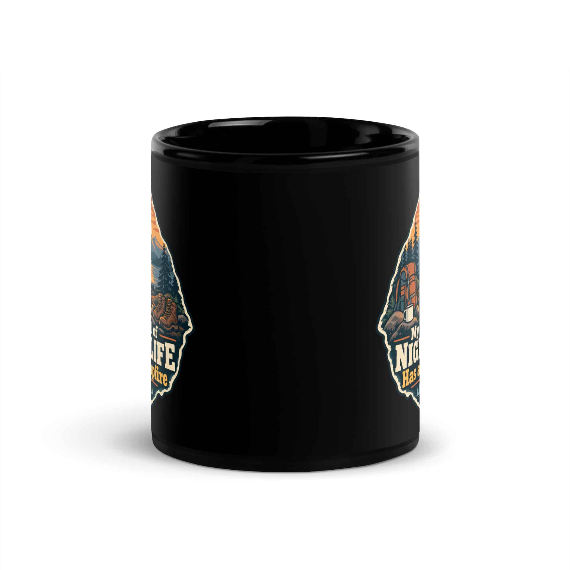 Nature and Adventure Black Coffee Mug: My Kind of Nightlife Has a Campfire, Scenic Shield Badge