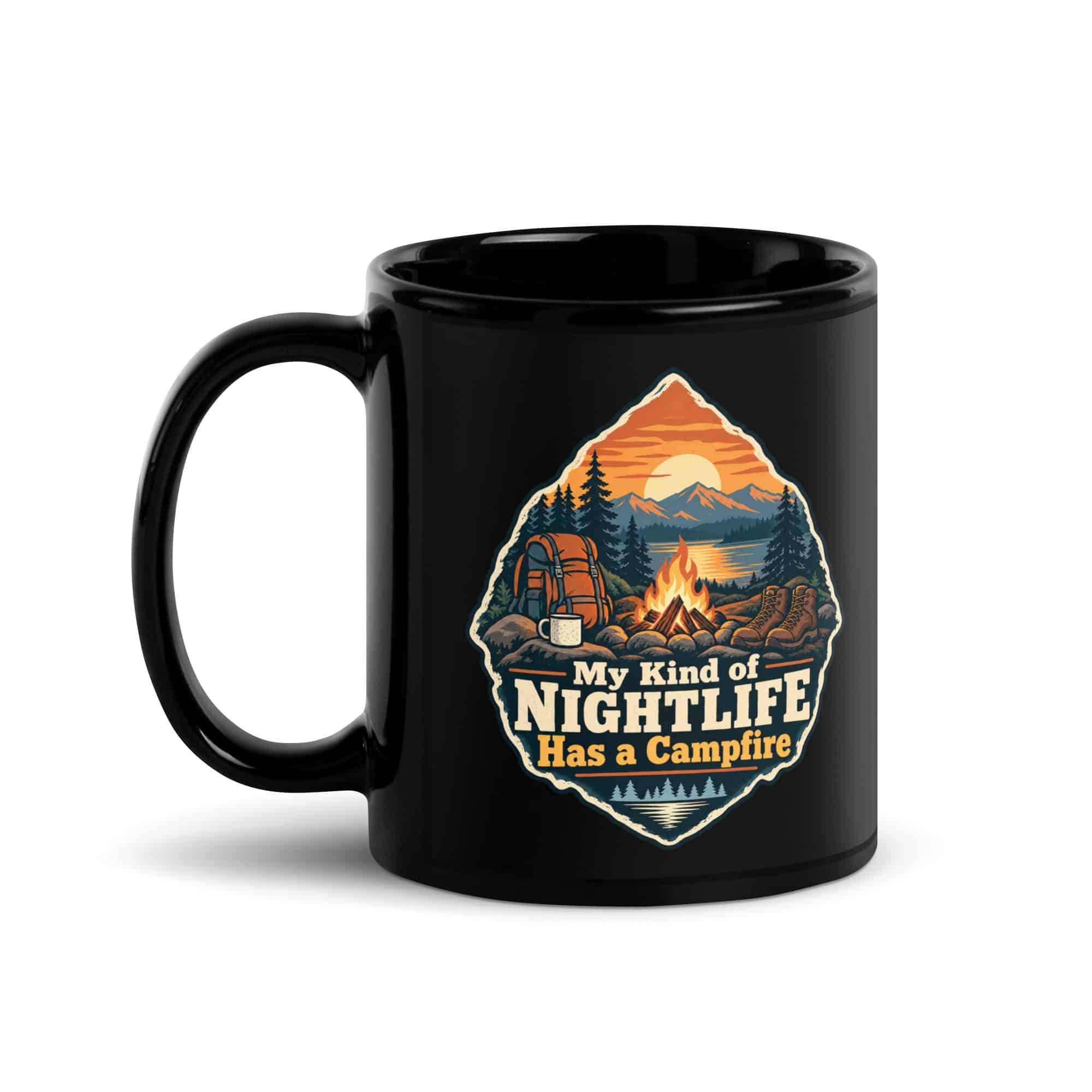 Nature and Adventure Black Coffee Mug: My Kind of Nightlife Has a Campfire, Scenic Shield Badge