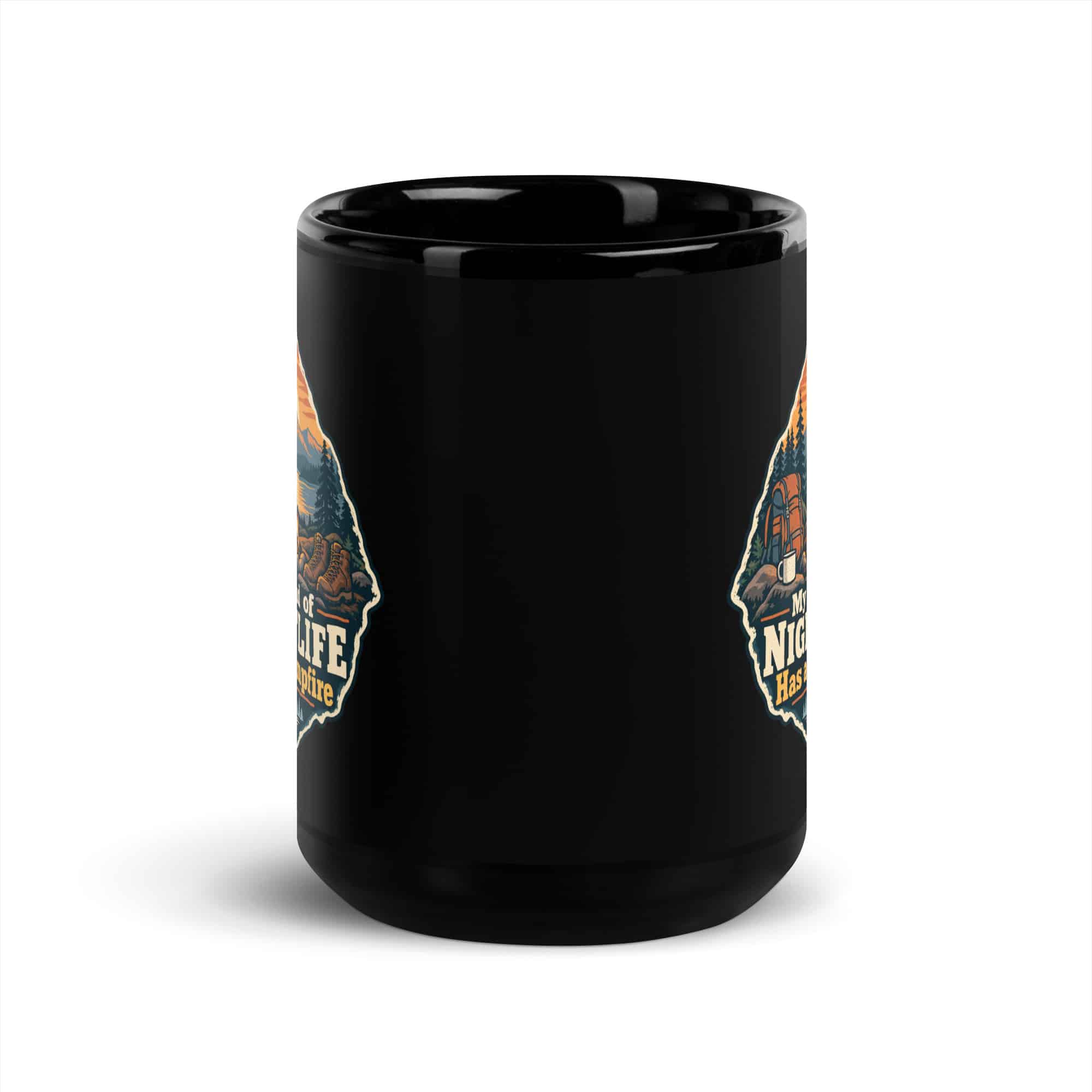 Nature and Adventure Black Coffee Mug: My Kind of Nightlife Has a Campfire, Scenic Shield Badge