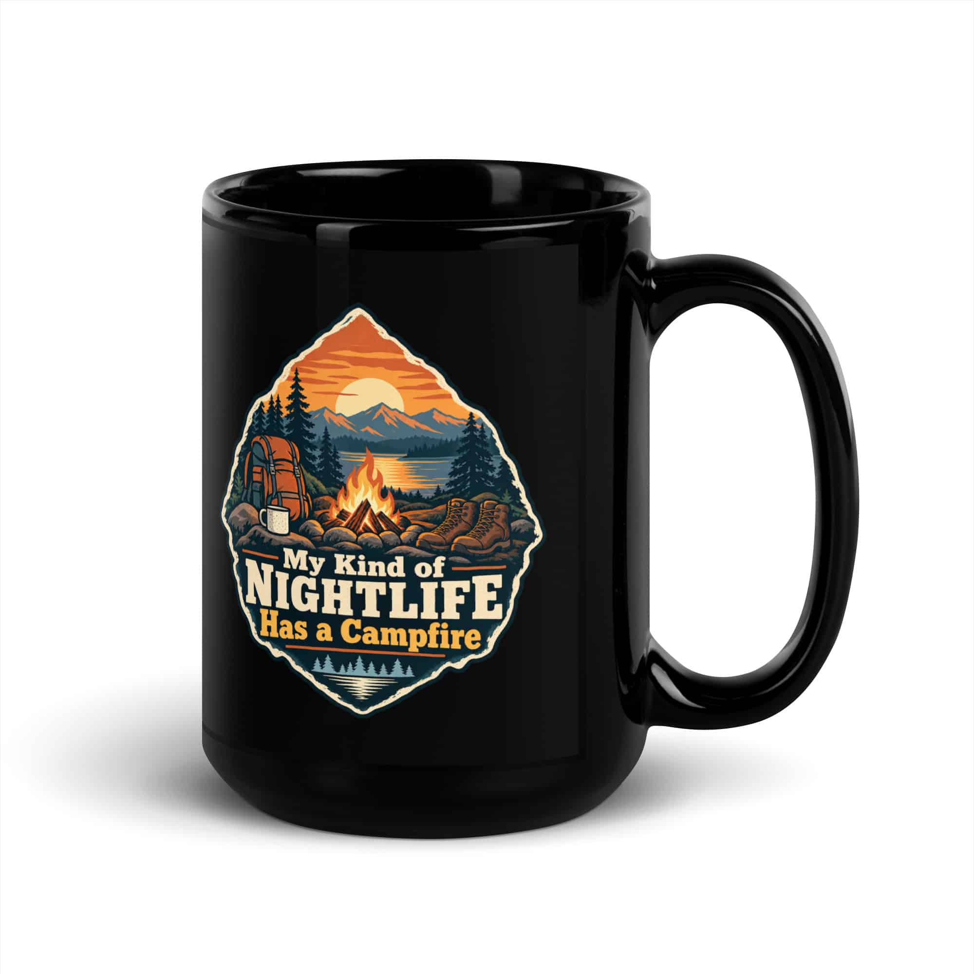 Nature and Adventure Black Coffee Mug: My Kind of Nightlife Has a Campfire, Scenic Shield Badge