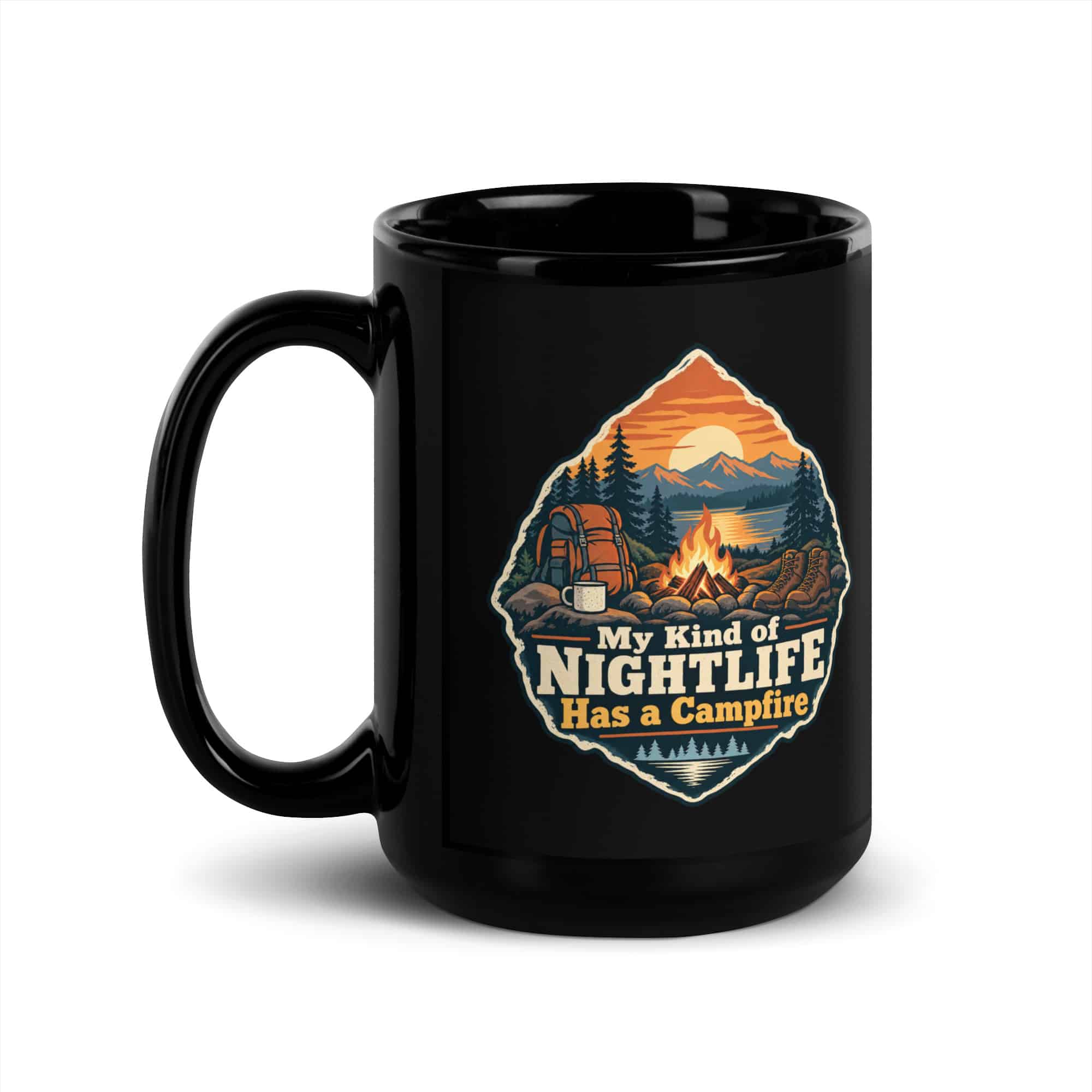 Nature and Adventure Black Coffee Mug: My Kind of Nightlife Has a Campfire, Scenic Shield Badge