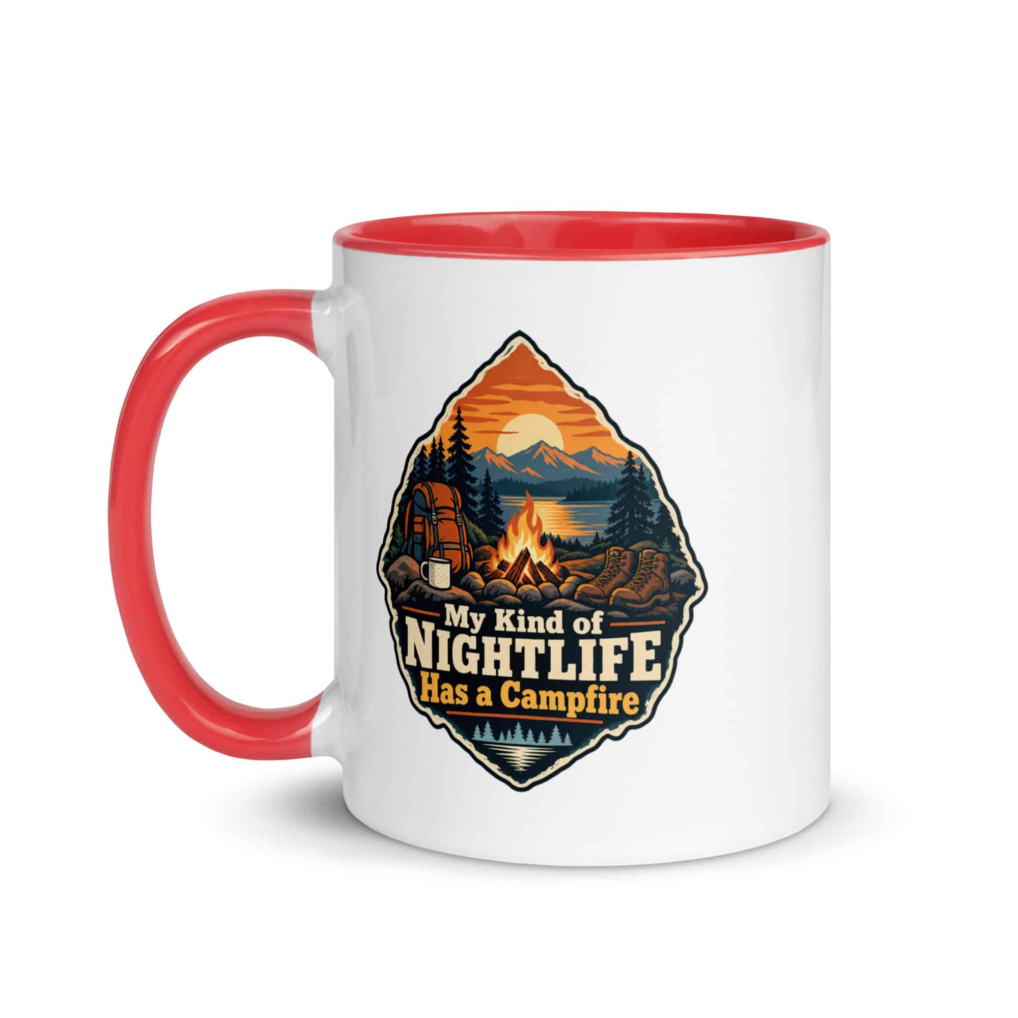 Nature and Adventure Color Inside Coffee Mug: My Kind of Nightlife Has a Campfire, Scenic Shield Badge