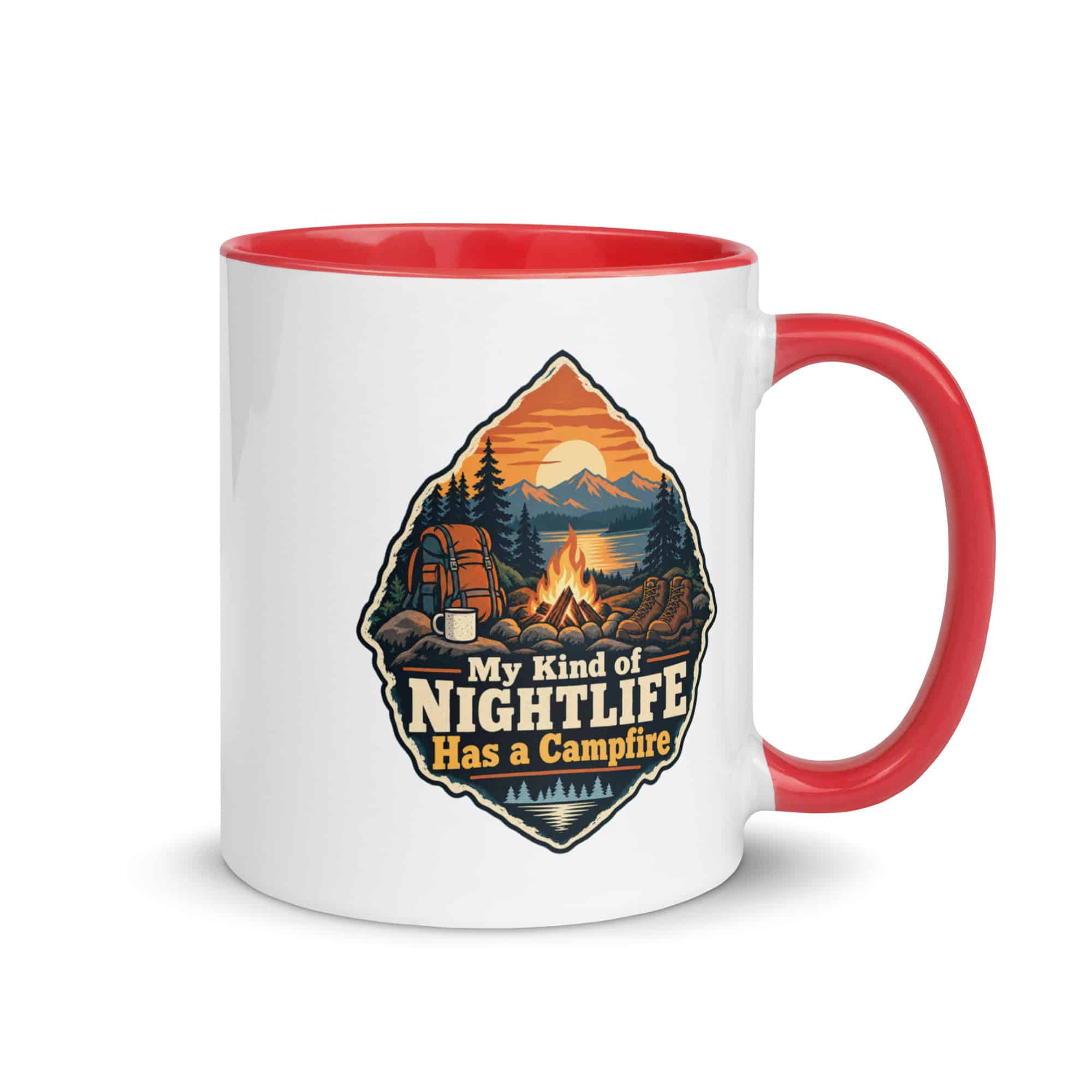 Nature and Adventure Color Inside Coffee Mug: My Kind of Nightlife Has a Campfire, Scenic Shield Badge