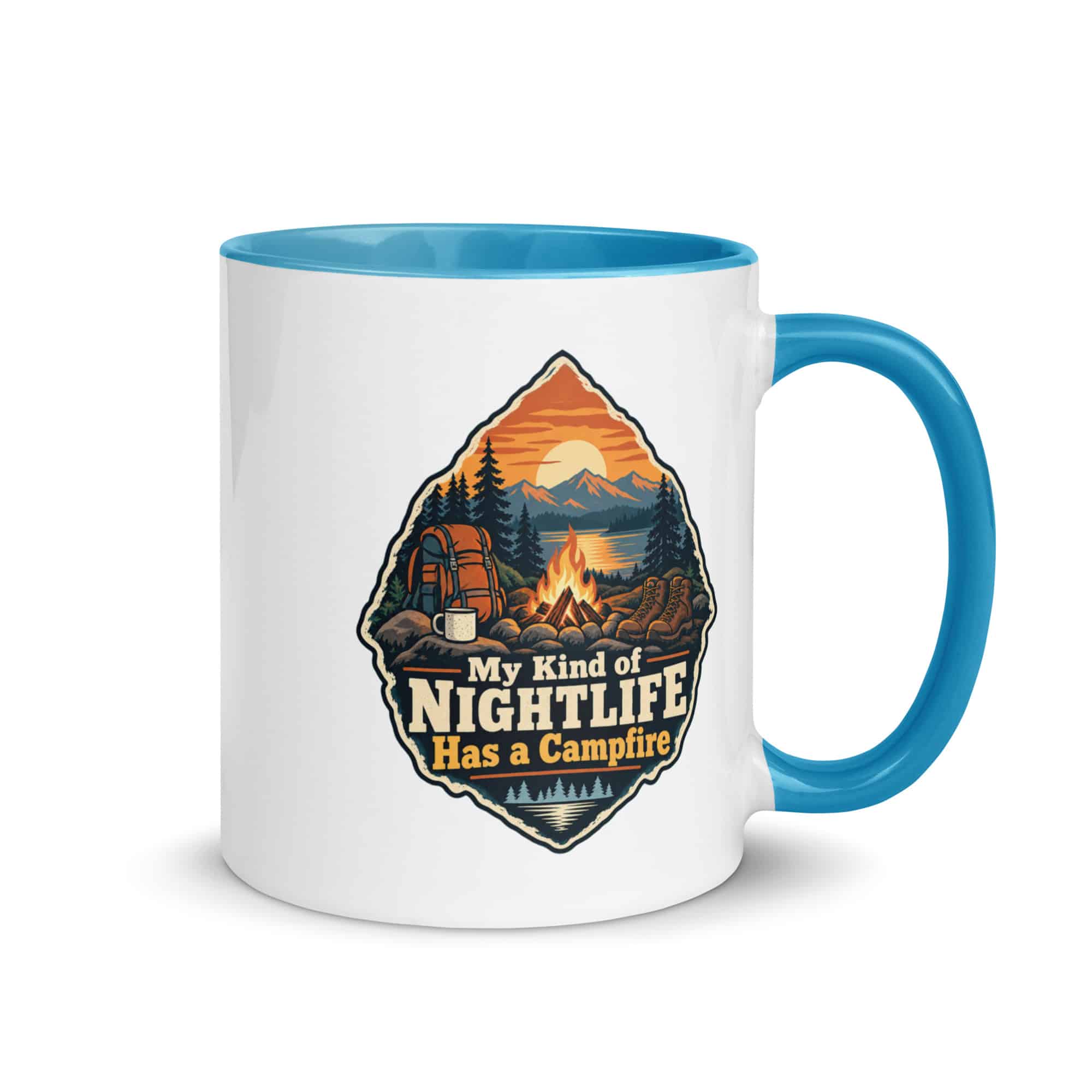 Nature and Adventure Color Inside Coffee Mug: My Kind of Nightlife Has a Campfire, Scenic Shield Badge
