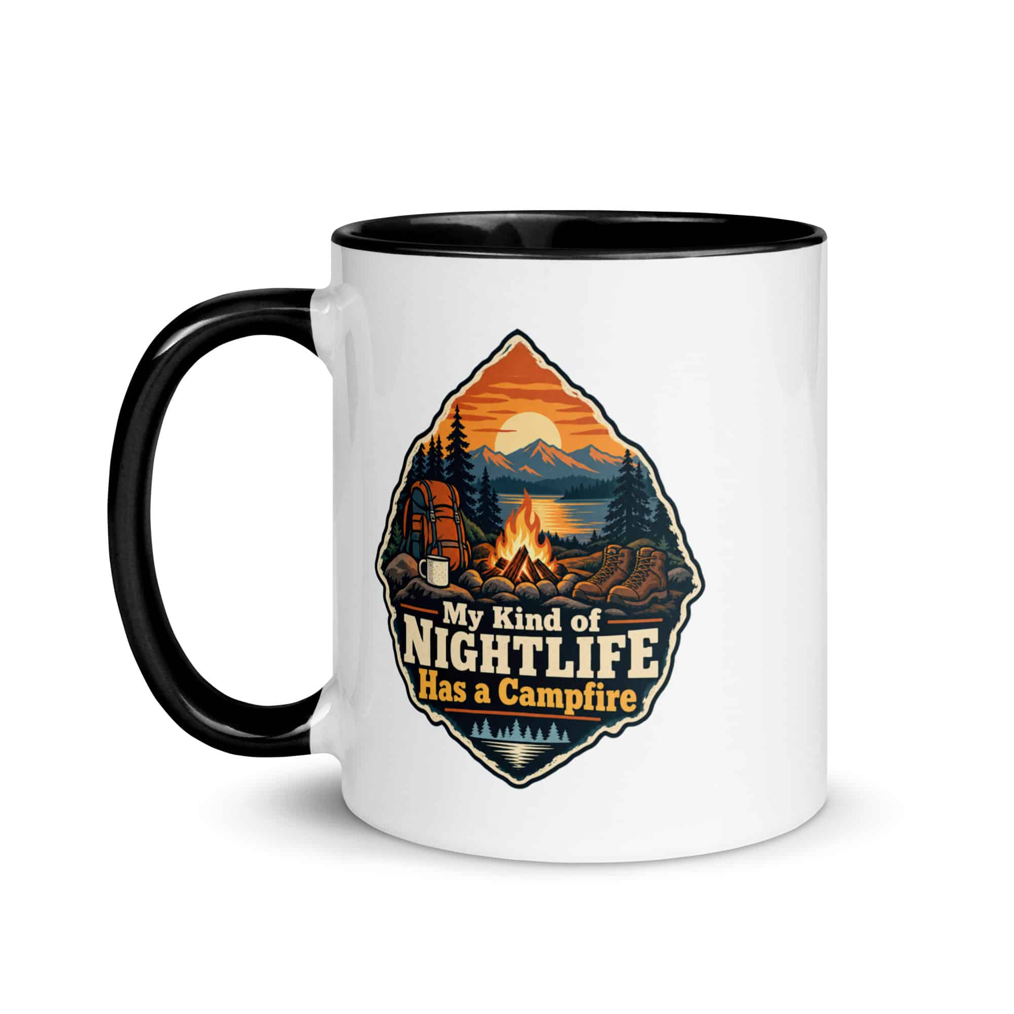 Nature and Adventure Color Inside Coffee Mug: My Kind of Nightlife Has a Campfire, Scenic Shield Badge