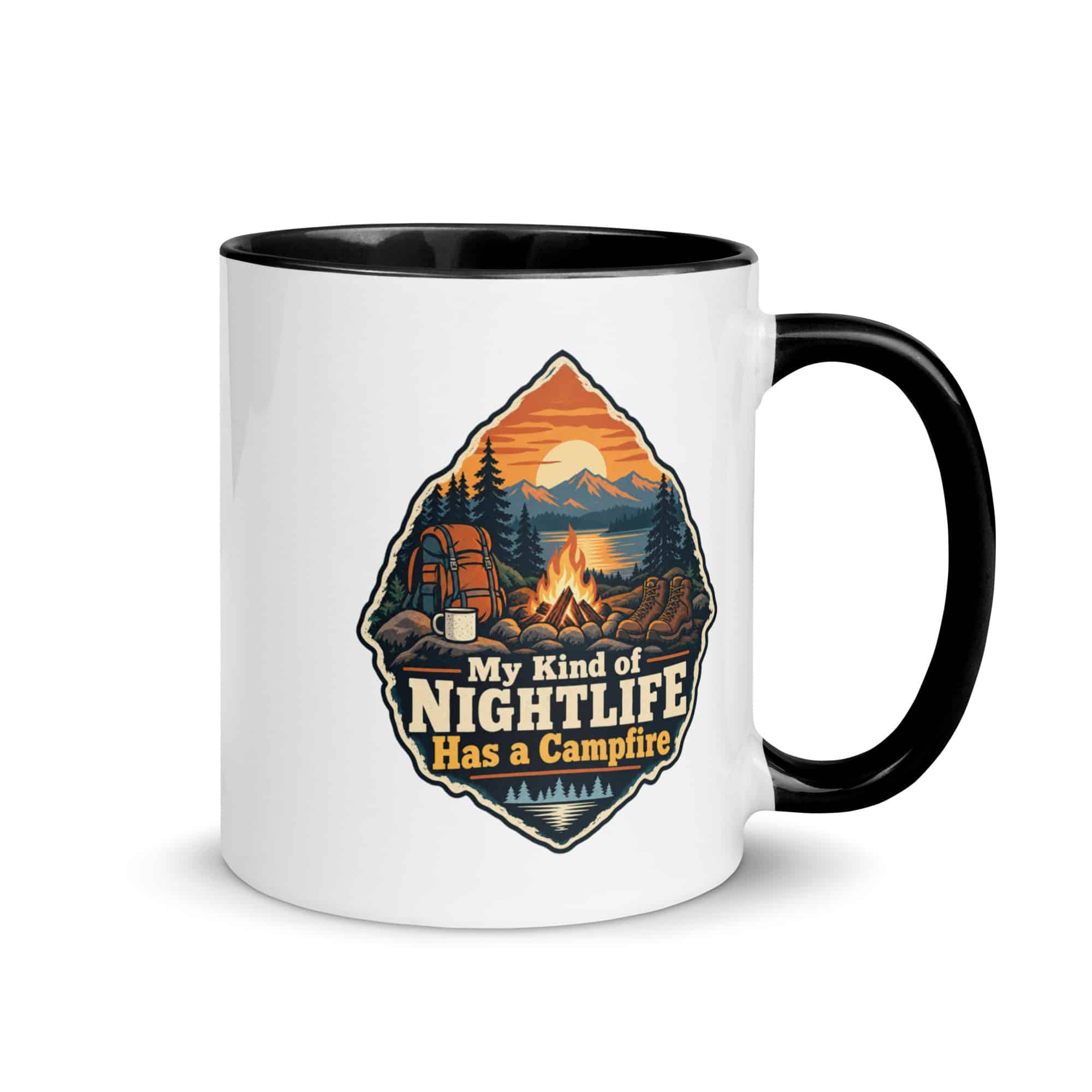 Nature and Adventure Color Inside Coffee Mug: My Kind of Nightlife Has a Campfire, Scenic Shield Badge